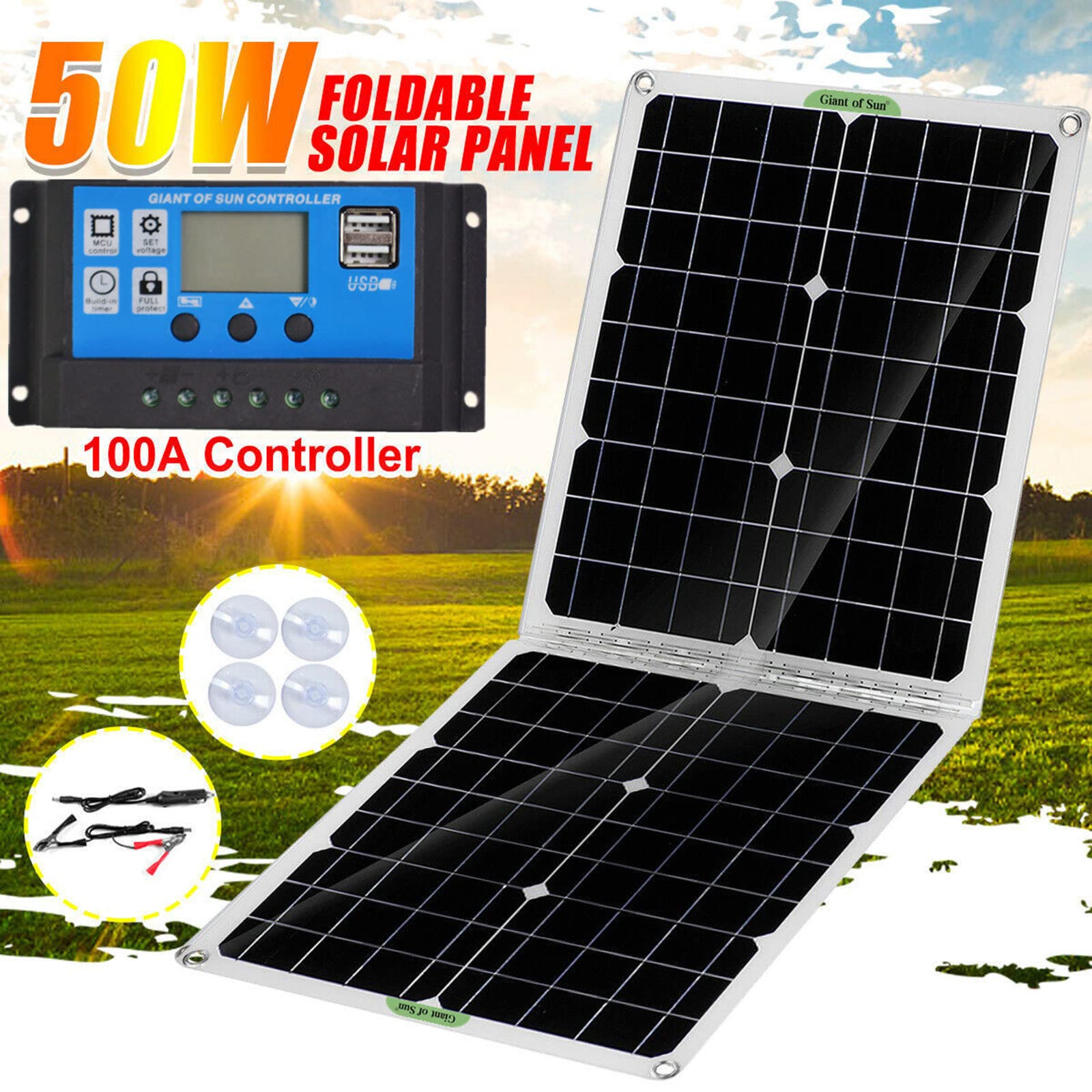 Panneau Solaire Pliable Monocristallin 50W avec Contrôleur 100A, pour Voiture, Camping-Cars, Bateau, Toit, Panneau Photovoltaïque de Voyage de Camping Portable