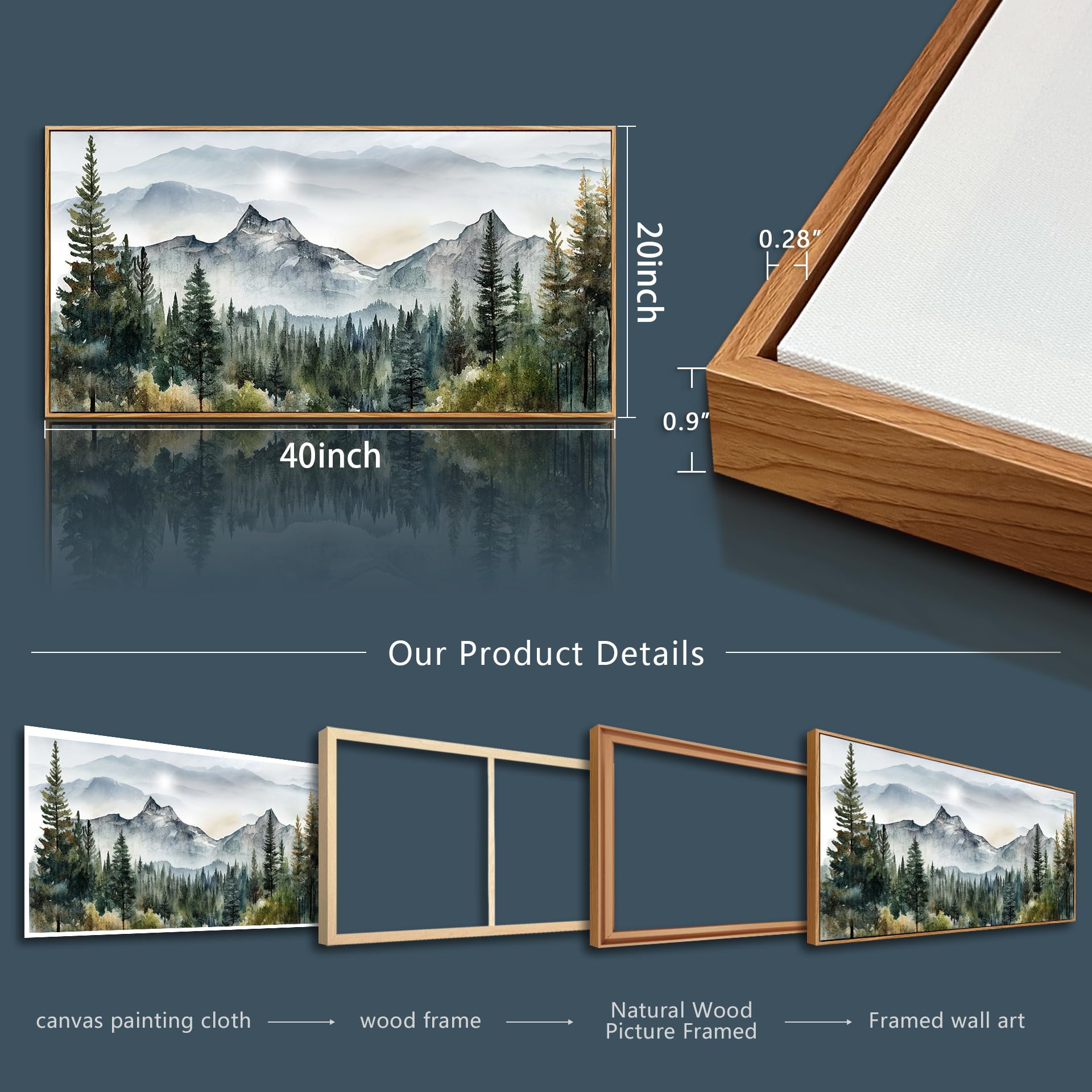 Arte de pared grande para sala de estar, lienzo con marco de madera, decoración de pared para dormitorio, oficina, decoración de pared, pintura abstracta de paisajes de montaña, obras de 6