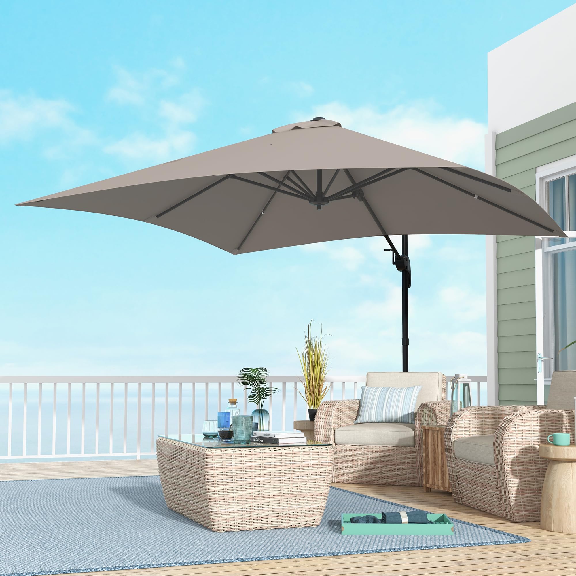 Outsunny Ombrellone da Giardino Manovella 3x3 m Inclinabile 360 | Ombrellone Decentrato a Braccio, Base a Croce, Girevole a 360°, Poliestere 250g/㎡, Alluminio