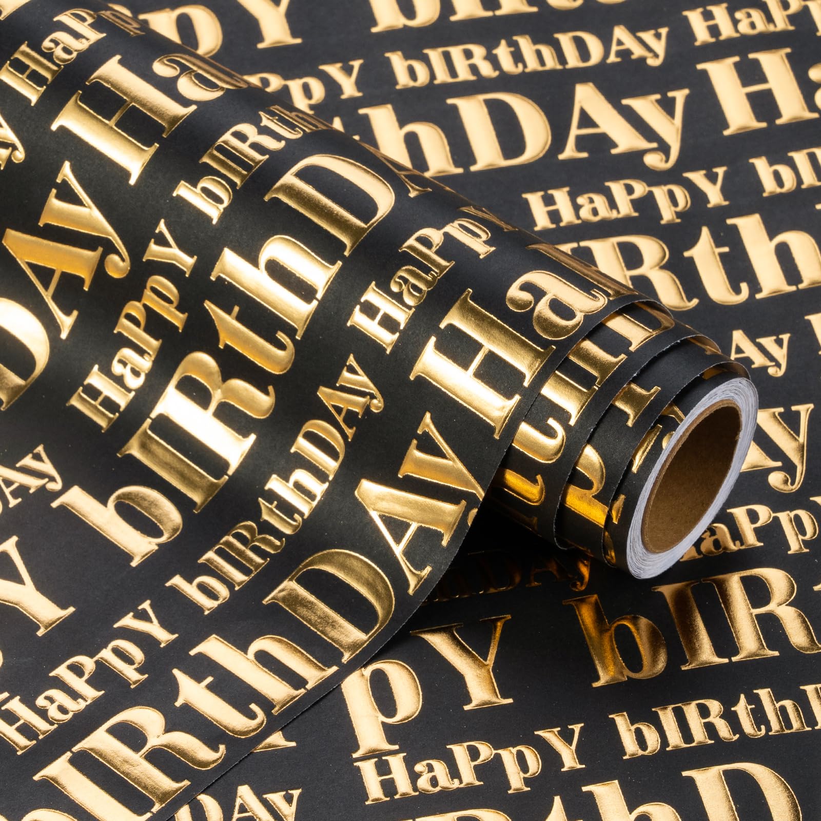 RUSPEPA 3D Kraft Birthday Wrapping Paper Roll - Mini Roll - 43.2cm x 5m - Gold and Black Happy Birthday Lettering Design with Embossed Perfect for Party Celebration