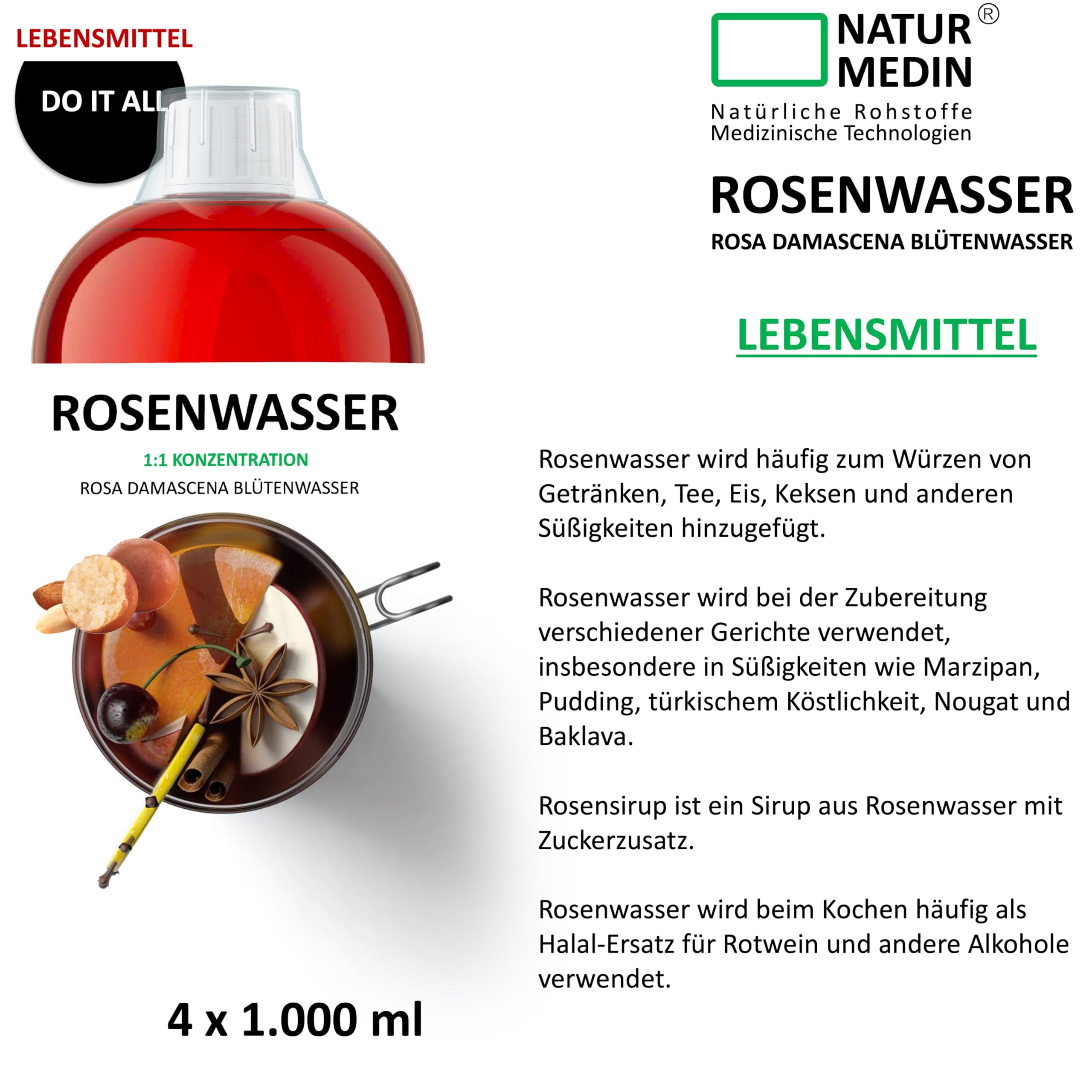 4.000 ml ESSBARES ROSENWASSER – Typ : Do-It-All – (4x1.000ml) NATURMEDIN®