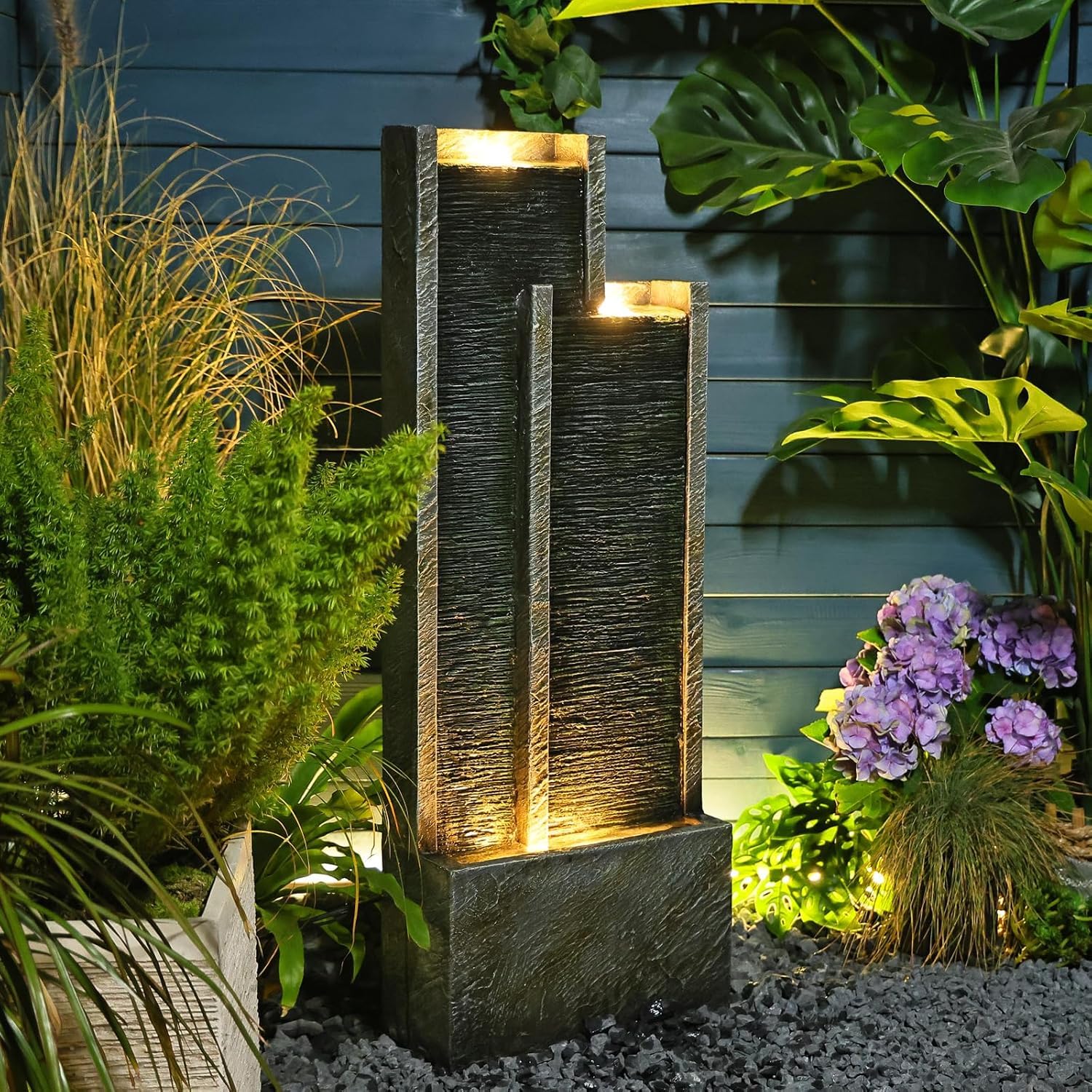 35” Modern Double Column Waterfall Fountain Outdoor Garden