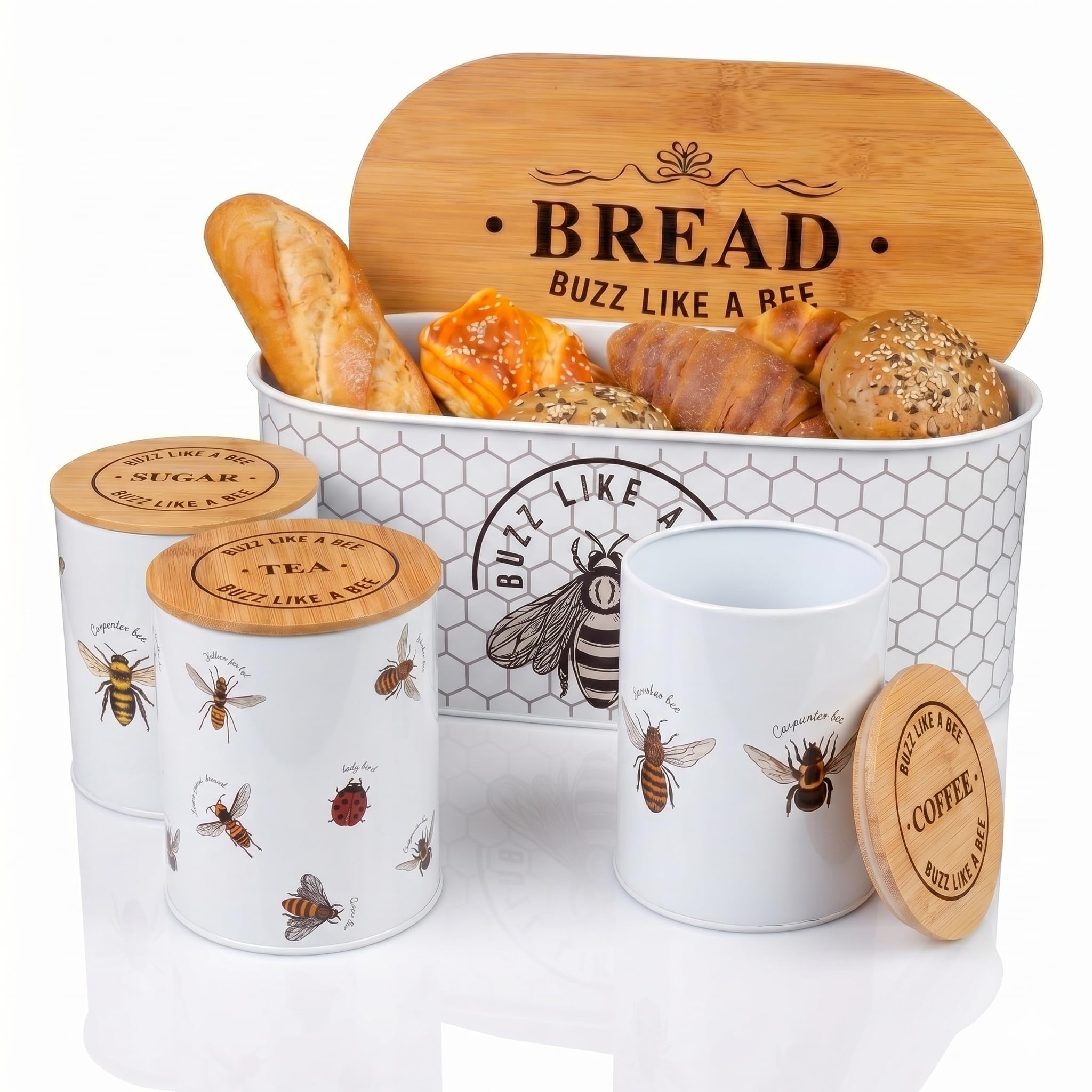 SiXsigma Sports Bread Bin & Tea Coffee Sugar Canisters Set - Kitchen Storage Bread Bin Containers With Airtight Lids For Kitchen Essentials - Ideal Kitchen Gifts For Women (Bees)