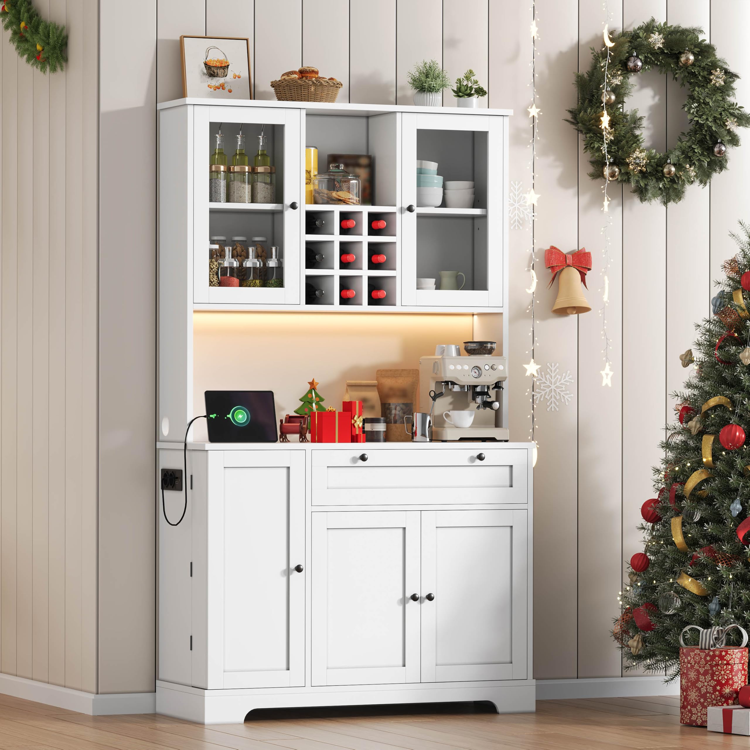 Merax Küchenschrank, Buffetschrank mit LED und Steckdosen, Küchenmöbel mit Schublade, Weinregal und Verstellbaren Ablagen, Sideboard, Küchenbuffet für Küche, Esszimmer, 105x40x180cm (Weiß)