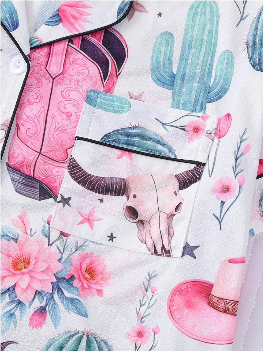 WDIRARA Women's 2 Piece Boots Graphic Pajama Set Pocket Patched Button Down Shirt with Shorts Satin Sleepwear - Image 5