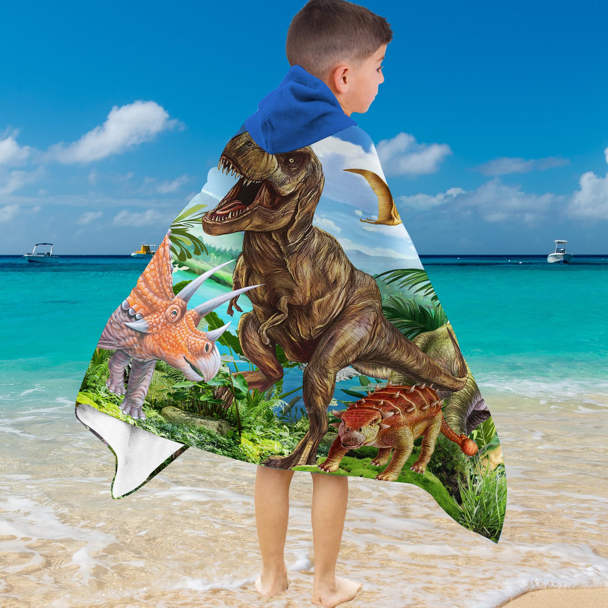 Toalla con capucha de dinosaurio, toalla de playa de dinosaurio, toalla de dinosaurio para niños de 30 x 50 pulgadas, T-Rex microfibra absorbente de secado rápido, toalla de baño, piscina,