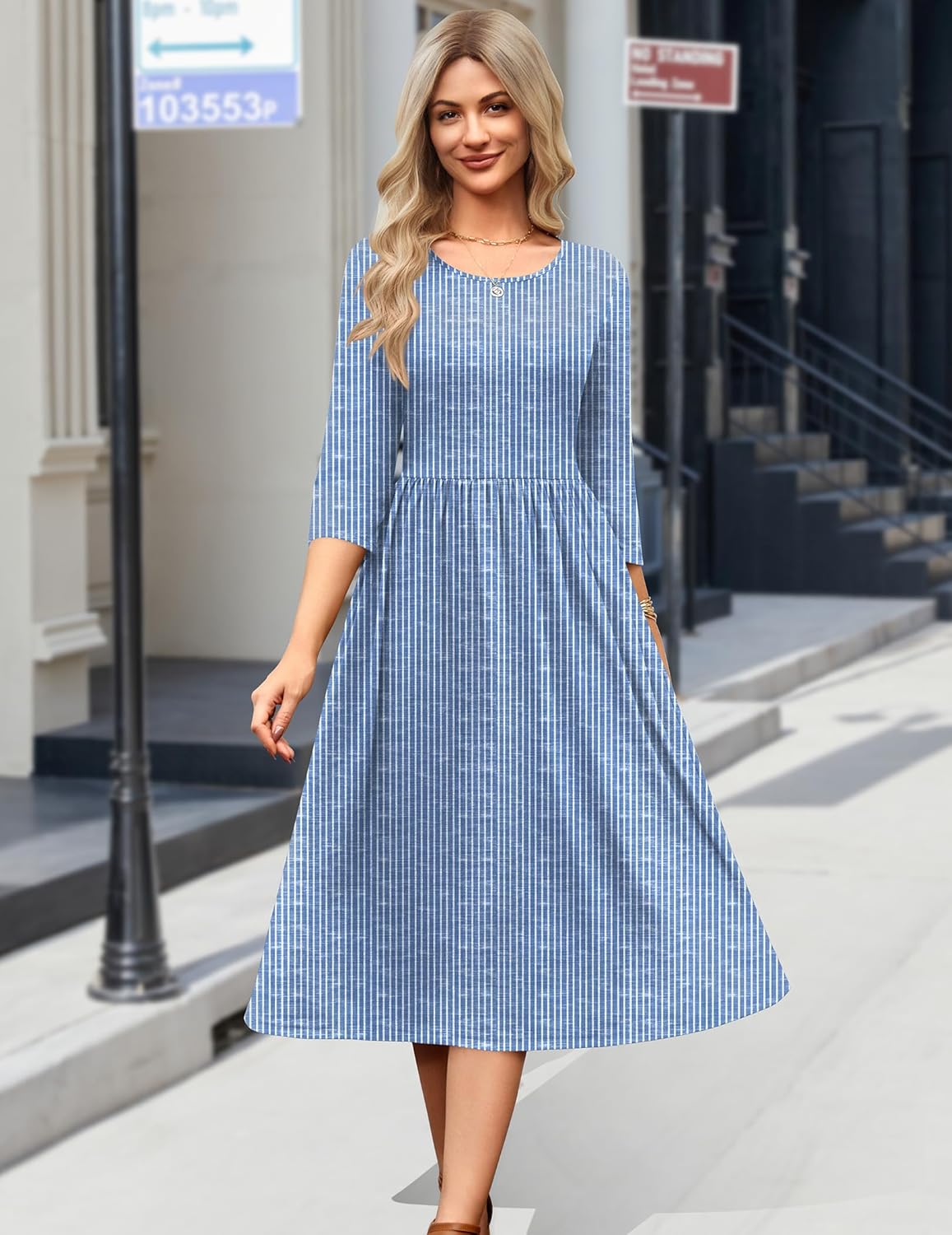 Zeagoo 3/4 Sleeve Women's Dress Casual Flowy A-Line Midi Tshirt Dresses with Pockets Crewneck Vocation Boho Beach Sundress - Image 6