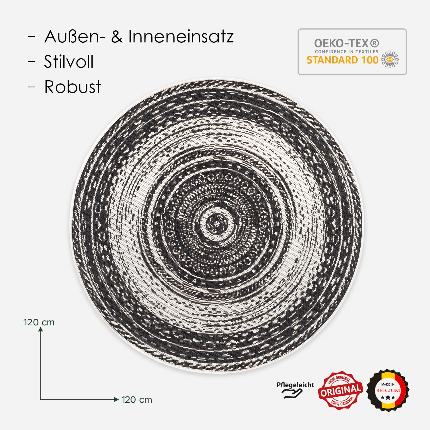DomDeco In- und Outdoor-Teppich Rund - 120x120cm - Stilvoller Teppich für Innen- und Außenbereich - Schwarz-Beige