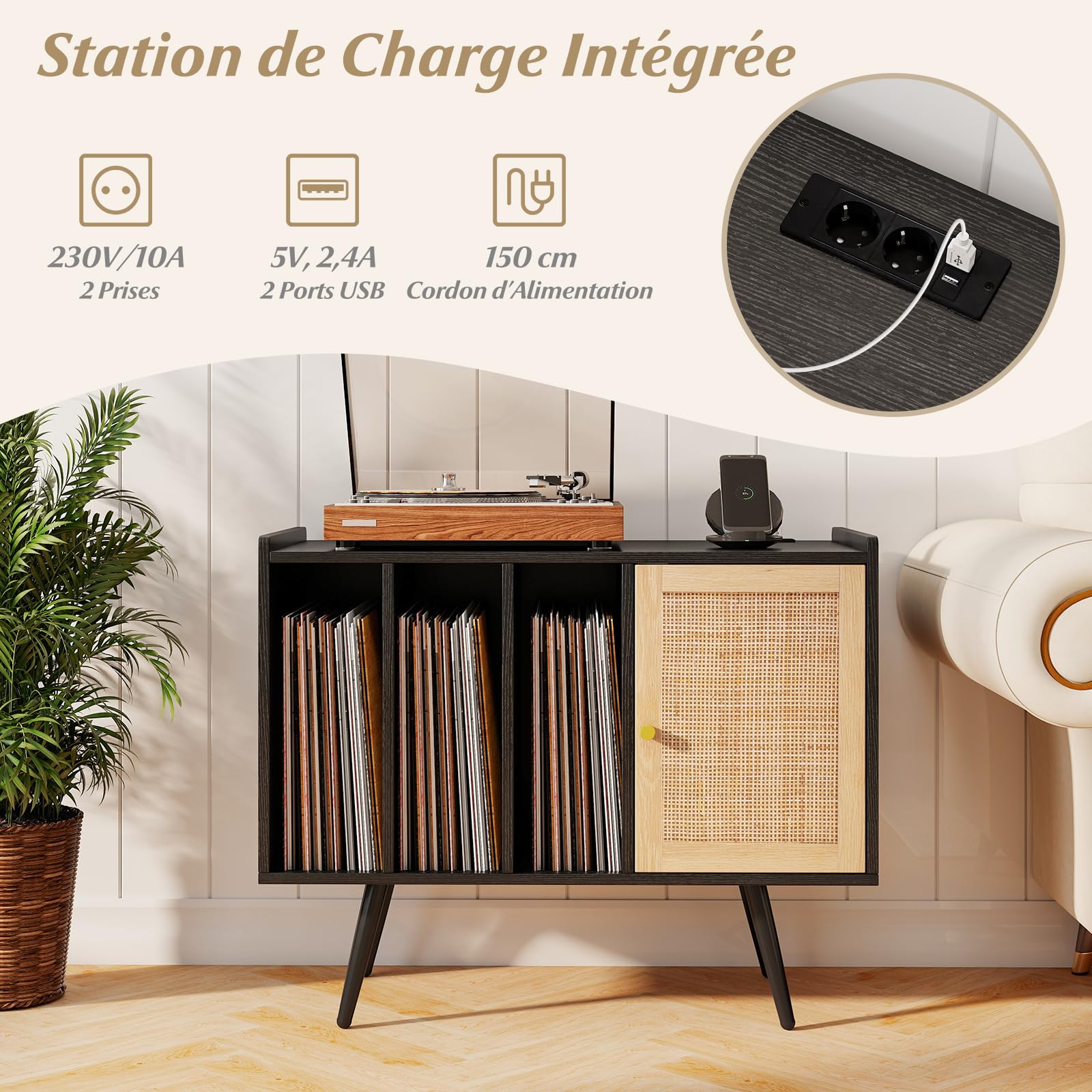 COSTWAY Meuble Vinyle avec Prise, Rangement Vinyle pour 220 Albums, Rangement CD/DVD Manga, Armoire à Porte Cannage,Support pour Tourne-disque, Meuble Hifi pour Salon, Chambre (Noir)