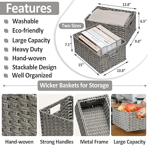 Miniatura 9 de Paquete de 2 cestas de mimbre  Cesta de almacenamiento grande con asas, impermeable, para organizar, 15 y 14 pulgadas, mediana, color gris