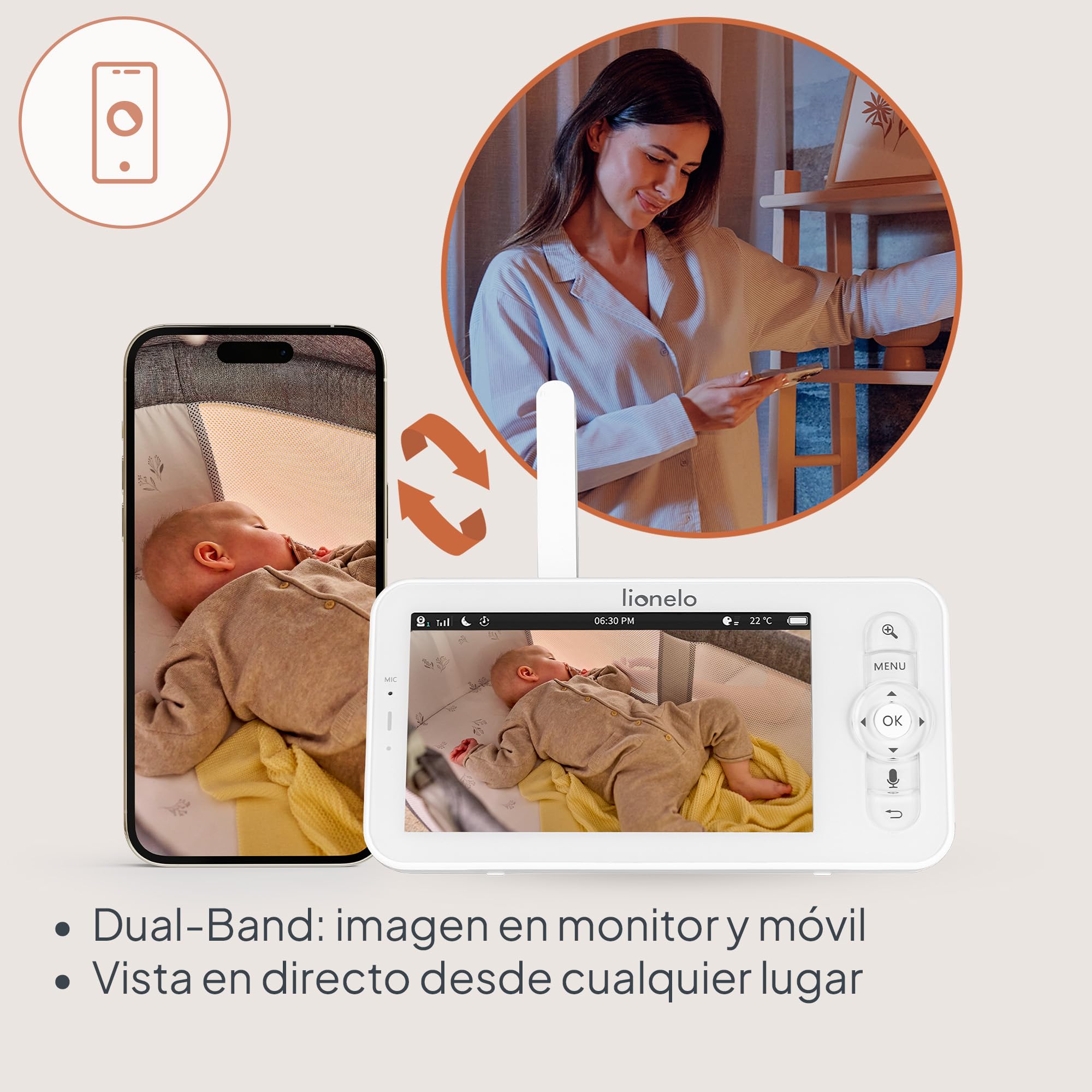 Lionelo Babyline 9.2 AI - Vigilabebés con cámara 2K y Monitor de 5 Pulgadas, WiFi de Doble Banda, detección de IA de vinos y Sombrero, Seguimiento de Movimiento, Sensor de Temperatura y Humedad