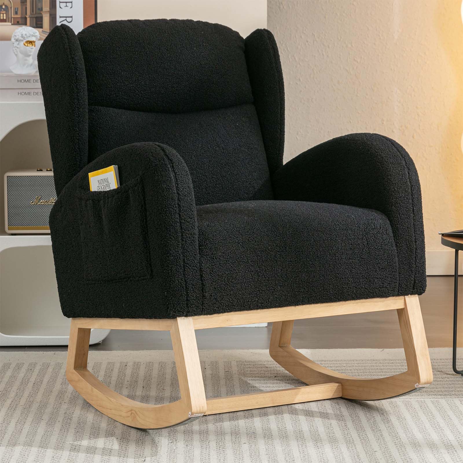 Antetek Rocking Glider Chair for Nursery, Wingback Teddy Upholstered Rocker Chair with High Backrest, Modern Indoor Accent Reading Arm Chair for Living Room, Hotel, Bedroom, Baby Room, Black