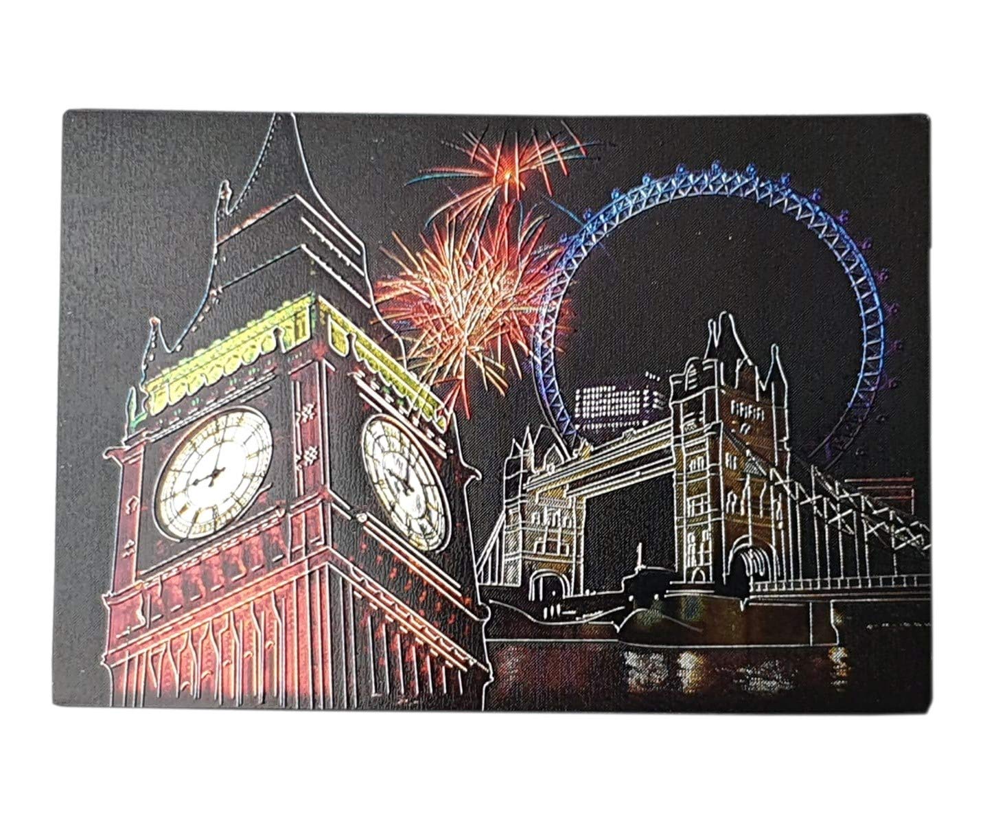 Thomas Benacci London by Night Fridge Foil Magnet - Photo Collage/Big Ben/Tower Bridge/Eye/Fireworks/British New Year's Eve Souvenir from England United Kingdom
