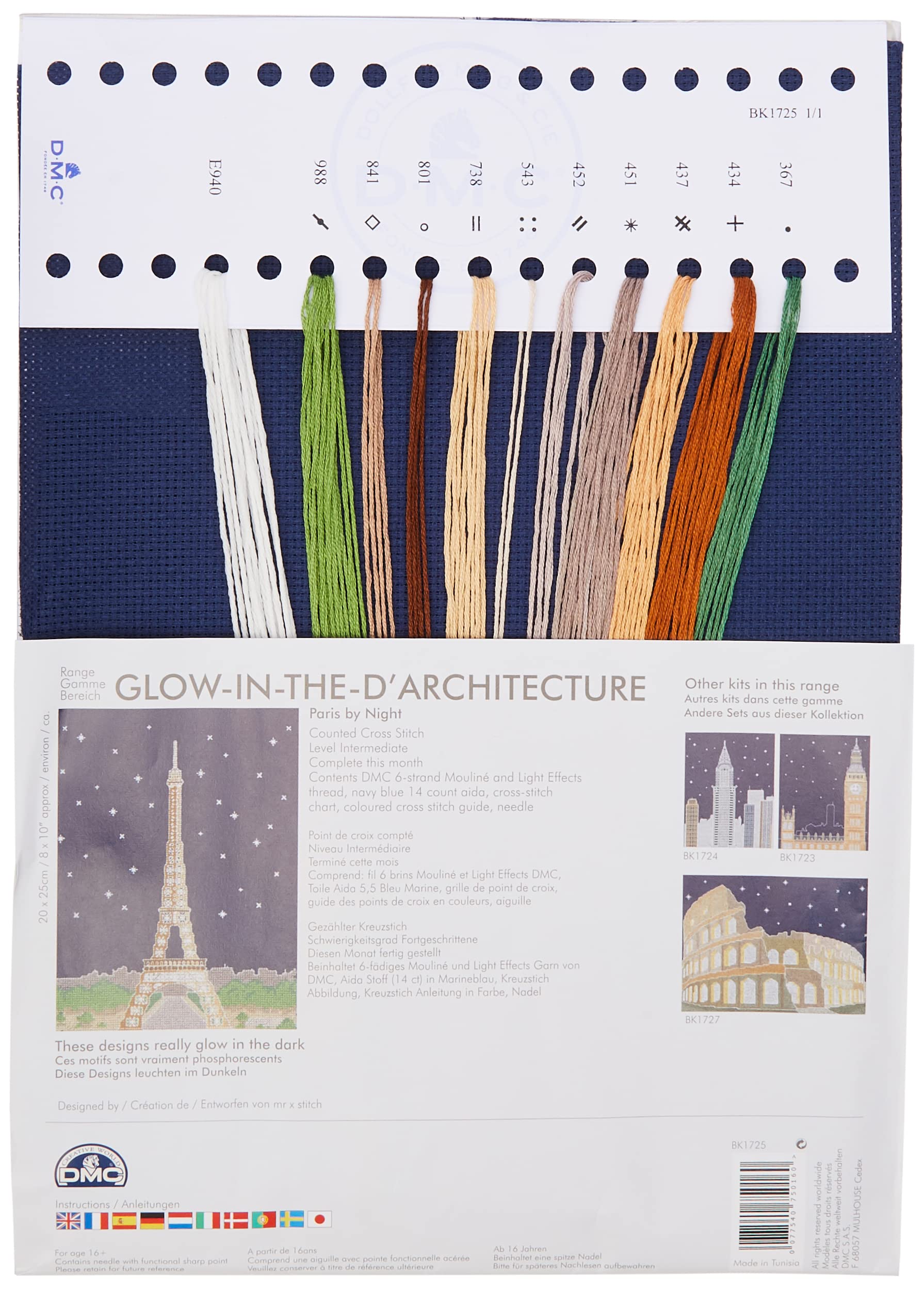DMC" Glow in The D'Architecture Paryż nocny zestaw ściegu krzyżykowego, 100% bawełna, wielokolorowy, 20 x 1 x 25 cm