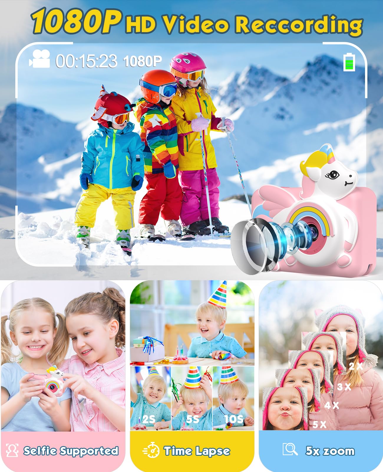 Aparat dla dzieci, jednorożec, 1080p, wyświetlacz 2,0", aparat cyfrowy ze statywem, karta 32 GB, aparat fotograficzny dla dzieci, prezent dla dziewczynek od 3 lat i zabawka urodzinowa, różowa