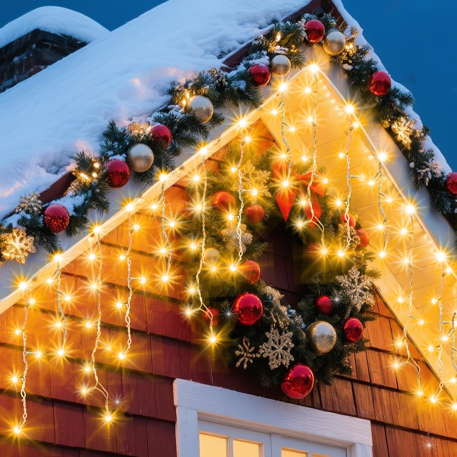 XURISEN 20M 640 LED Weihnachts Eisregen Lichterkette Warmweiß 4-5-7 Eiszapfen Timer 8 Modi IP44 Wasserdicht für Traufe Garten Vorbau