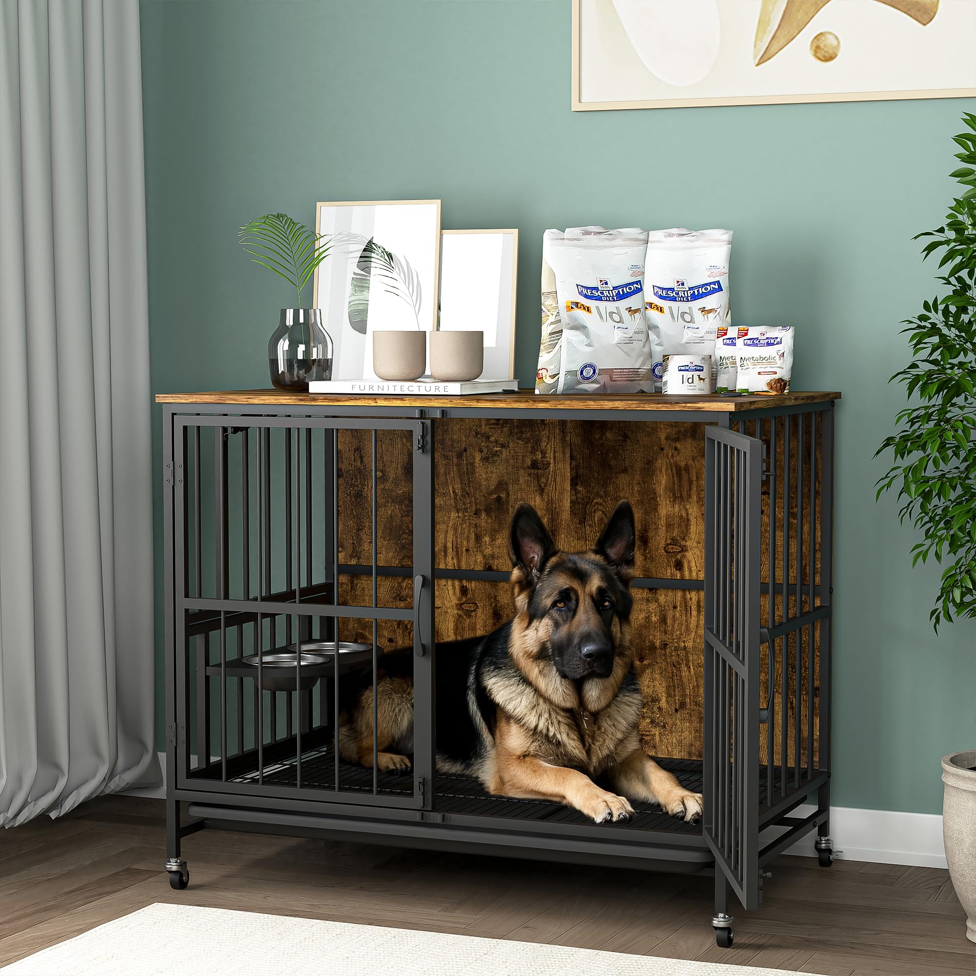 Dog Crate Furniture, Modern Dog Crate Table for Medium Large Dogs, Wooden Dog Kennel Indoor End Table with Removable Tray, Double-Door Dog House with Wheels, Heavy Duty Dog Cage with Flip-Top (Brown)