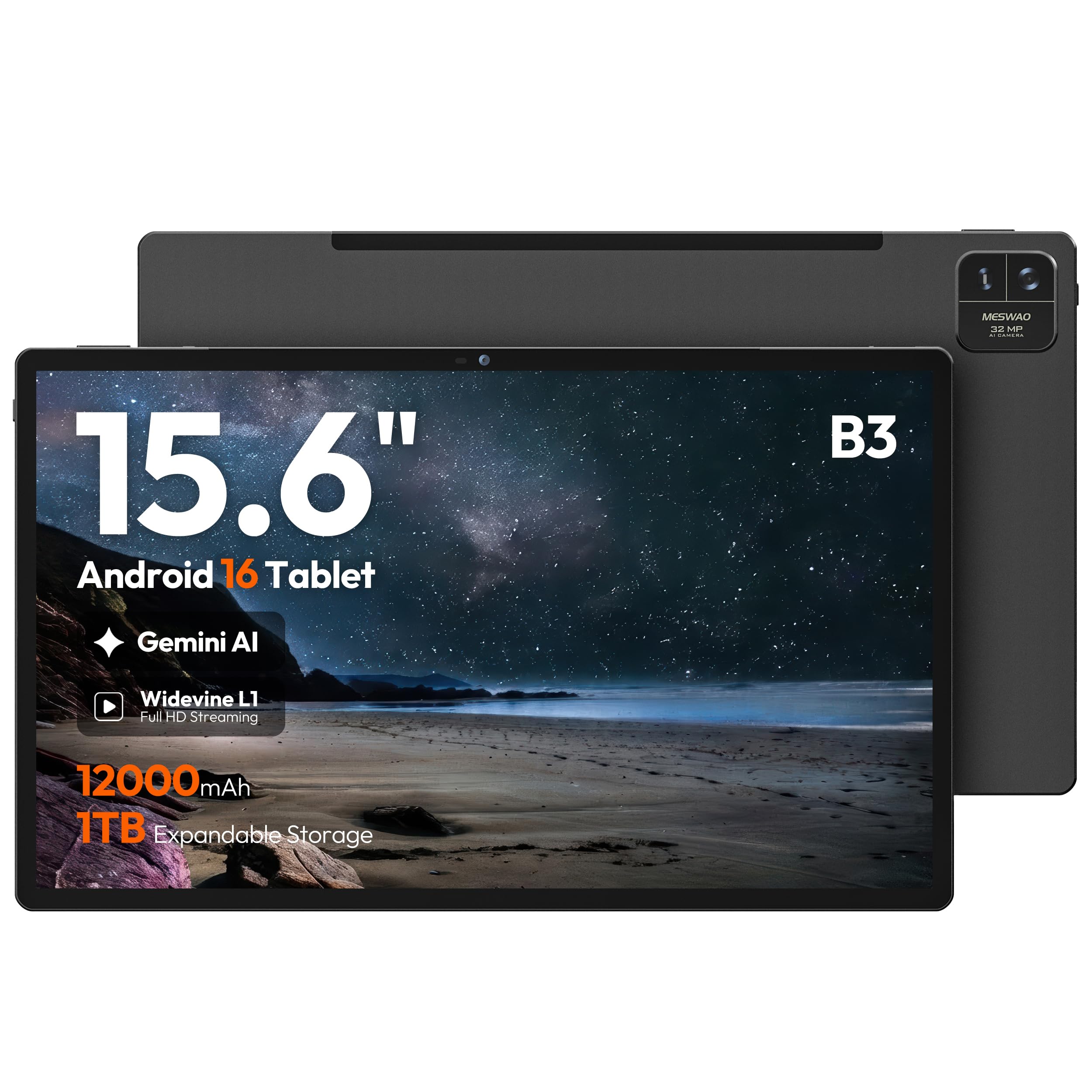MESWAO 15.6" Android 13 Tablet, Large 1080 Ips HD Screen Tablet, 8 Cores, 6GB+512Gb, 512G Tf Card Holder, 12000Mah Long Life Battery for Movies/Space-image-6