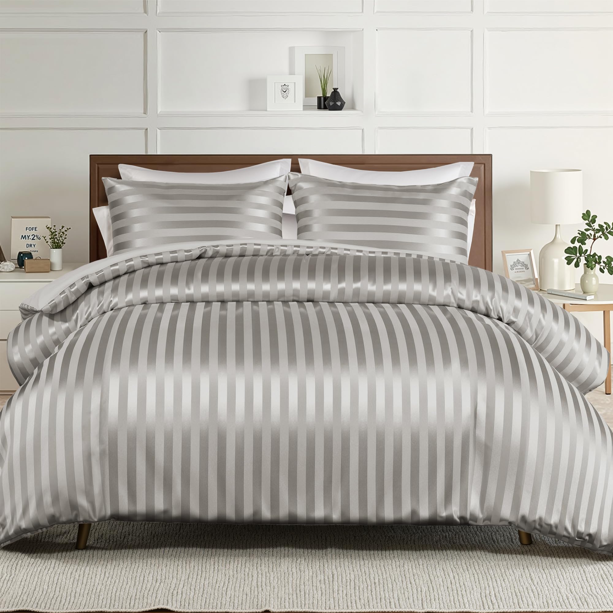 Whale Flotilla 3-Piece Reversible Silky Soft King Size Comforter Set, Luxury Stripe Satin Oversized Comforter Bedding Set with 2 Satin Pillowcases,