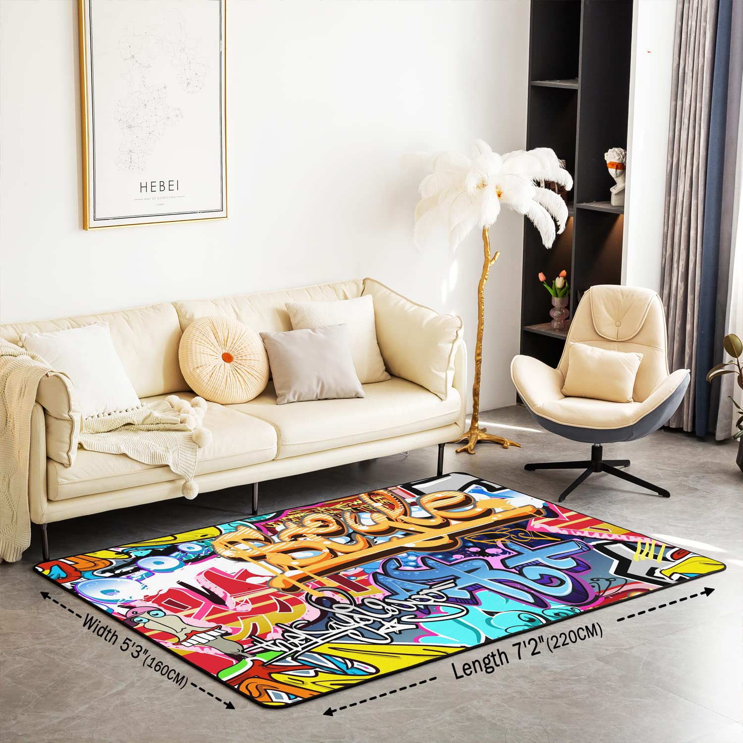Loussiesd Hippie Graffiti Style Decorative Carpet Area Rug Hip Hop Decor Living Room Rugs for Decor Graffiti Graphic Accent Rug Set Microfiber Non Slip Area Runner Rug 100 * 150cm - Image 2