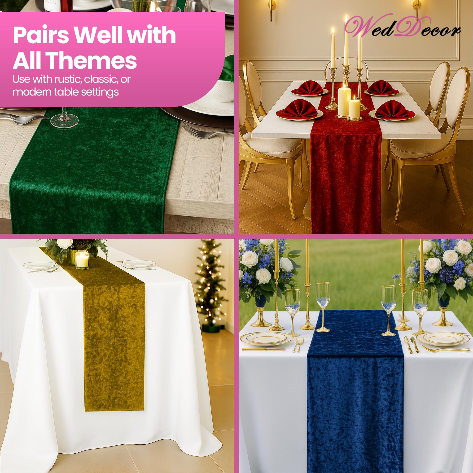 WedDecor Chemin de table en velours écrasé doux lavable pour mariage, cuisine, anniversaire, réception, banquet, Noël et dîner - 33 x 274 cm (bleu marine)