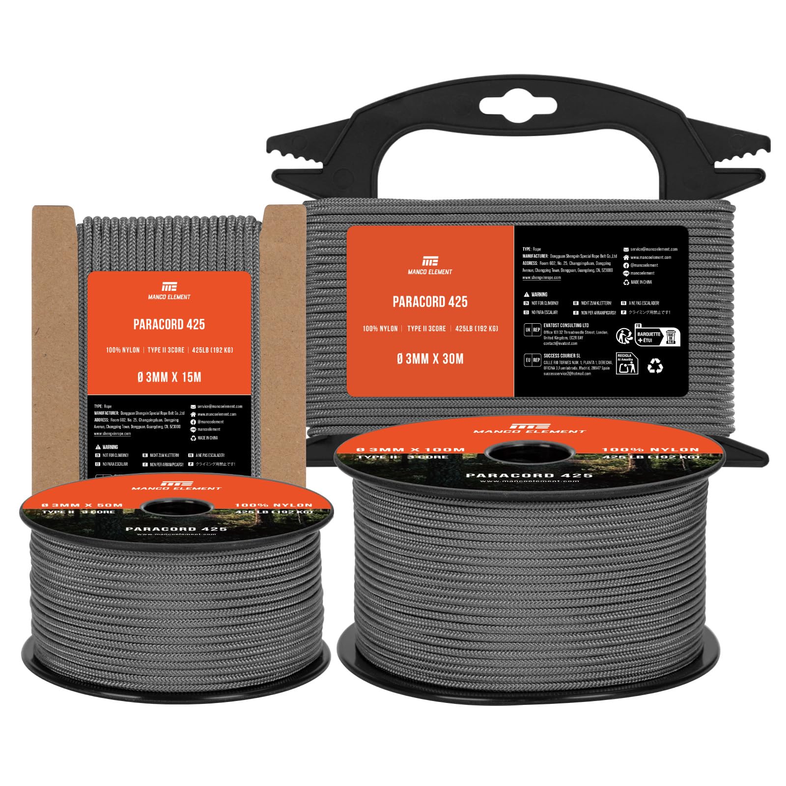 Manco Element 3mm Paracord 425 Type II 30m Charcoal Grey | 100% Nylon Rope 3 Strands Tactical Cord | Ideal for Outdoor, Camping, Survival, Crafting, DIY