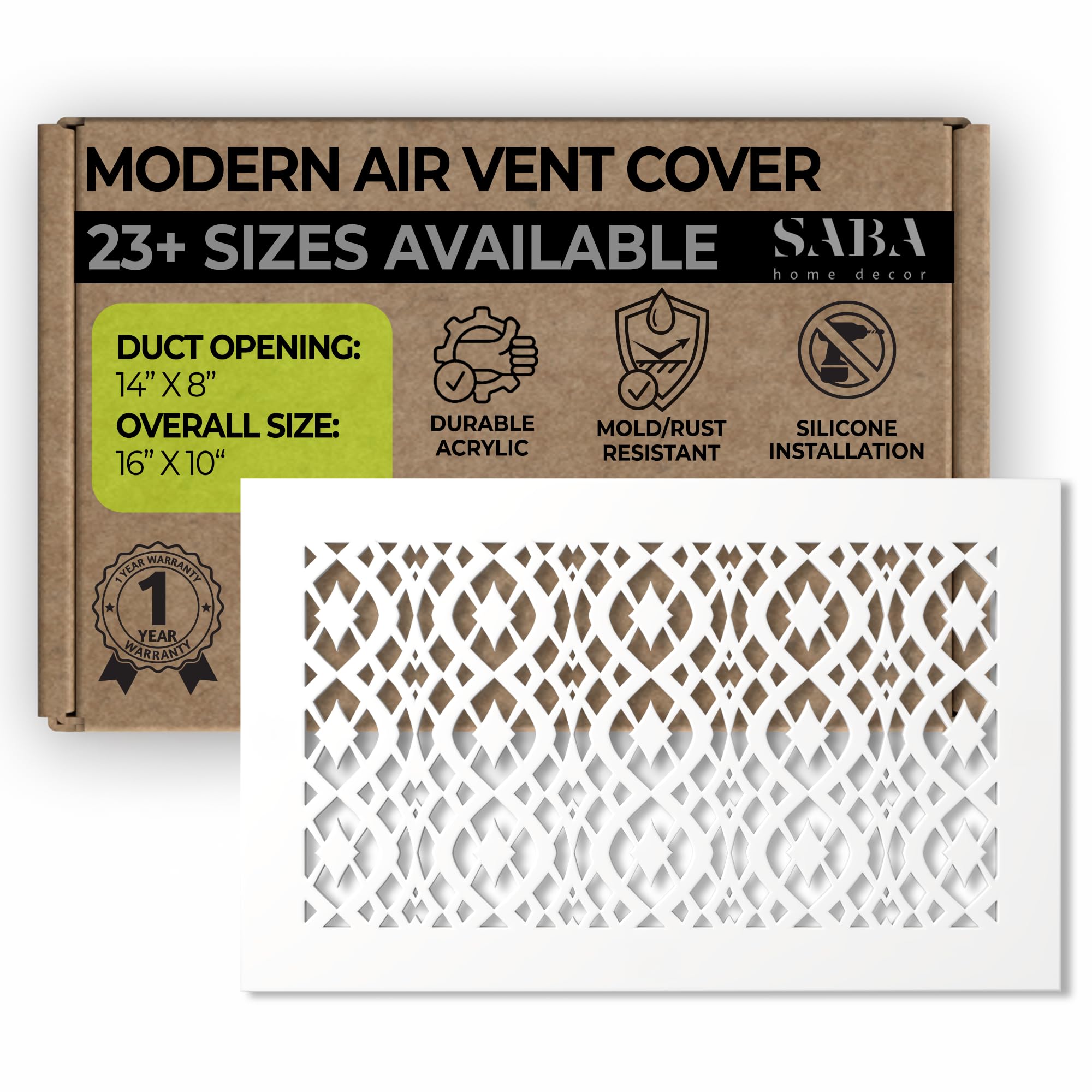 SABA Home Decor Air Vent Cover Grille - Acrylic Fiberglass 8" x 14" Duct Opening (10" x 16" Overall) White Finish Decorative Register Covers for Walls and Ceilings, Charlotte (8" x 14", White)