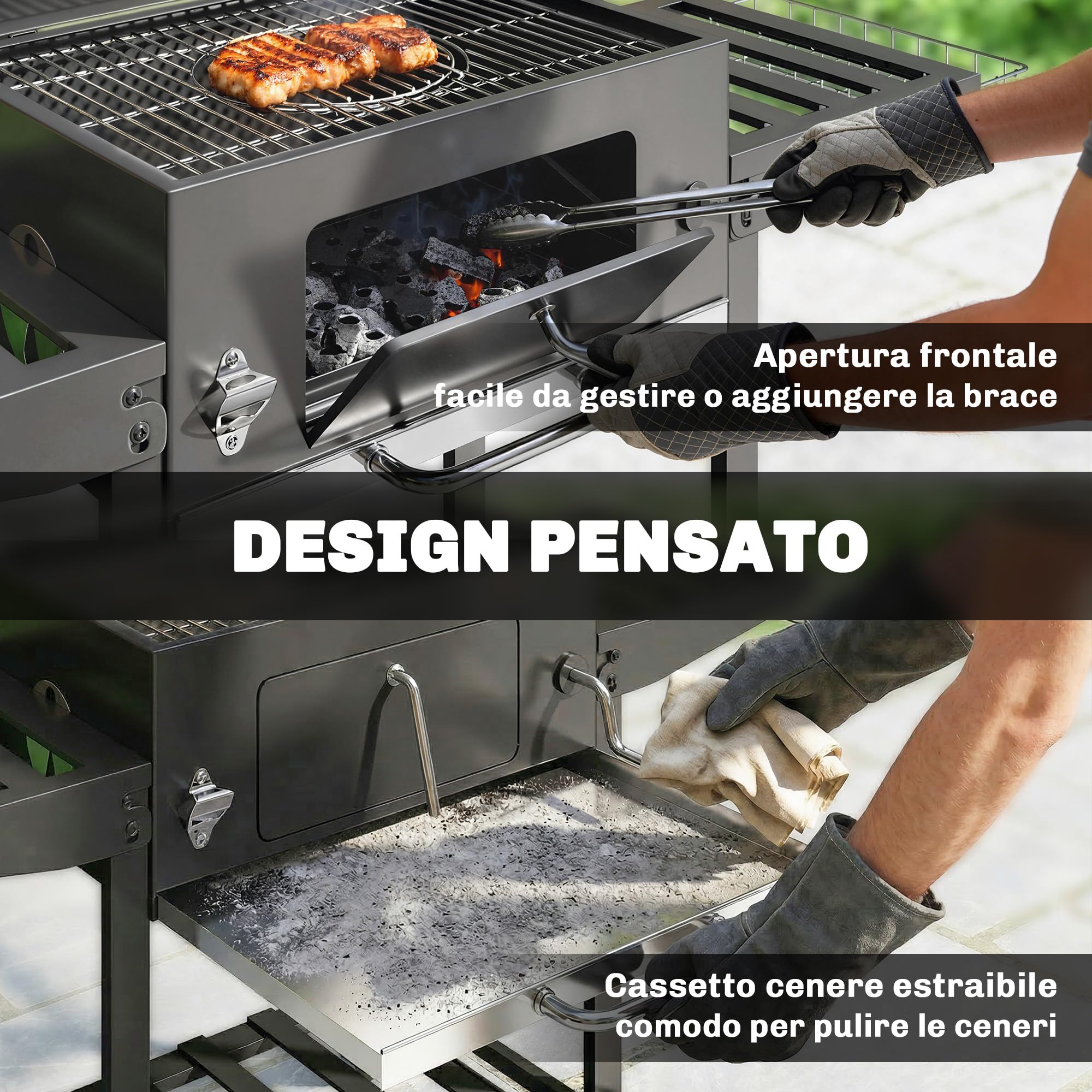 Outsunny Barbecue Carbonella con Griglia, Sfiati Vasca Carbone Regolabile, Carrello BBQ Barbecue Portatile con Coperchio, Ripiani Pieghevoli, Termometro, Cestino, Ganci, Ruote, per Campeggio, Nero