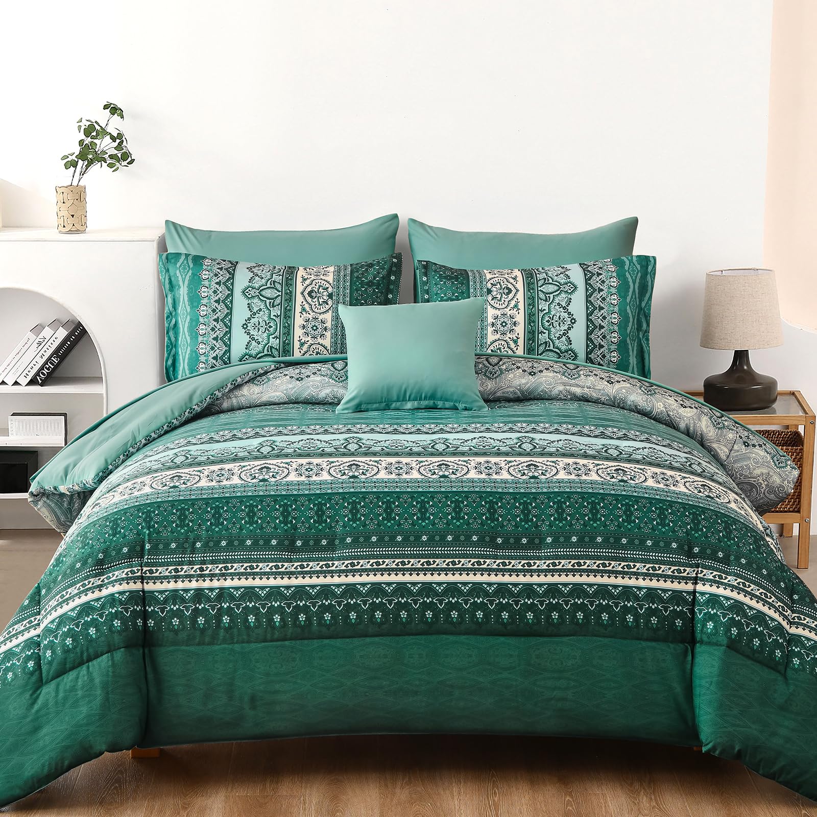 Cottolester Boho Comforter Set Full Size,8 Pieces Teal Green Bohemian Striped Bed in a Bag,Paisley Soft Microfiber Bedding Comforter Set