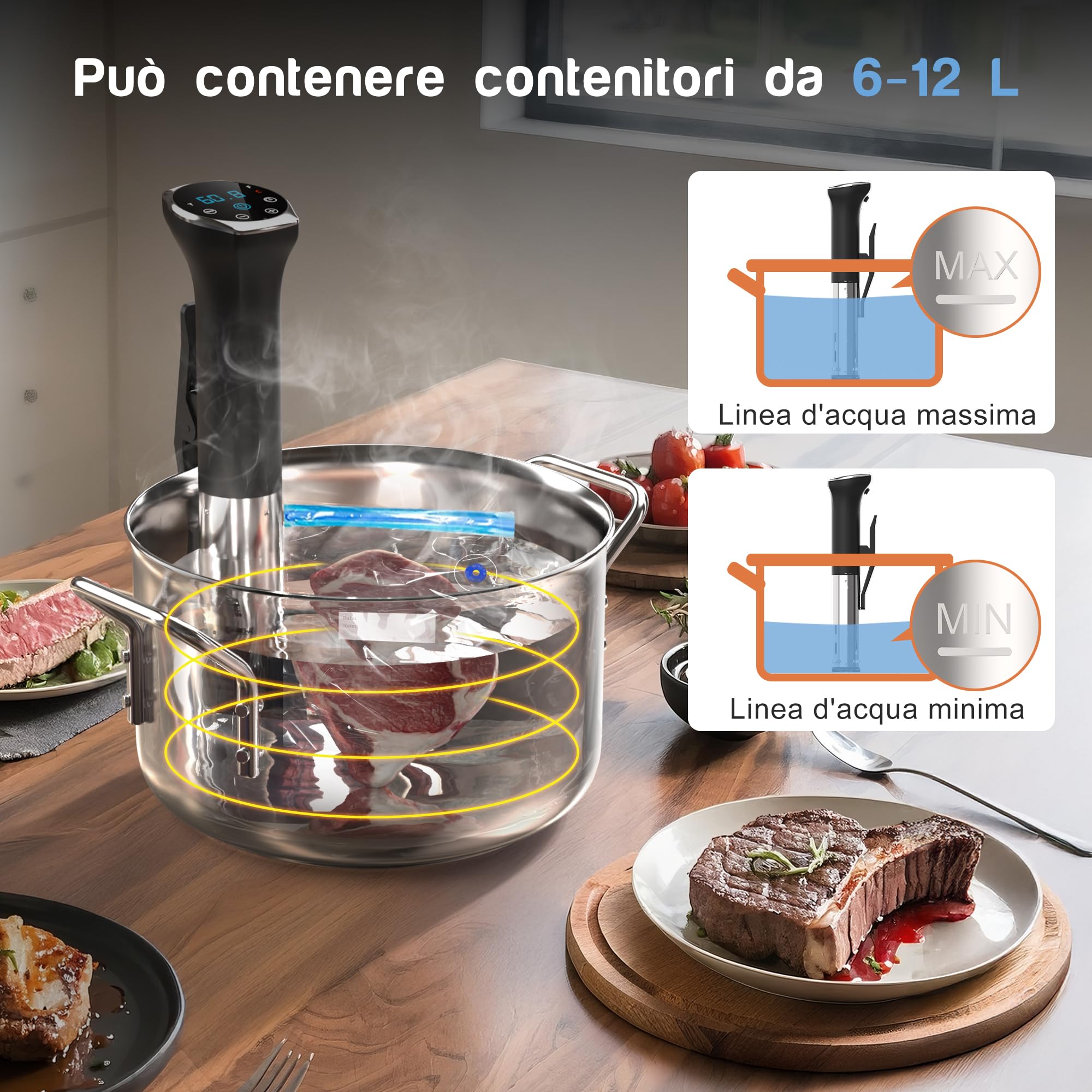 Sous Vide Roner Cucina a Bassa Temperatura Slow Cooker Circolatore IPX7, Touch Screen, Acciaio Inox, 10°C-90°C, 16A