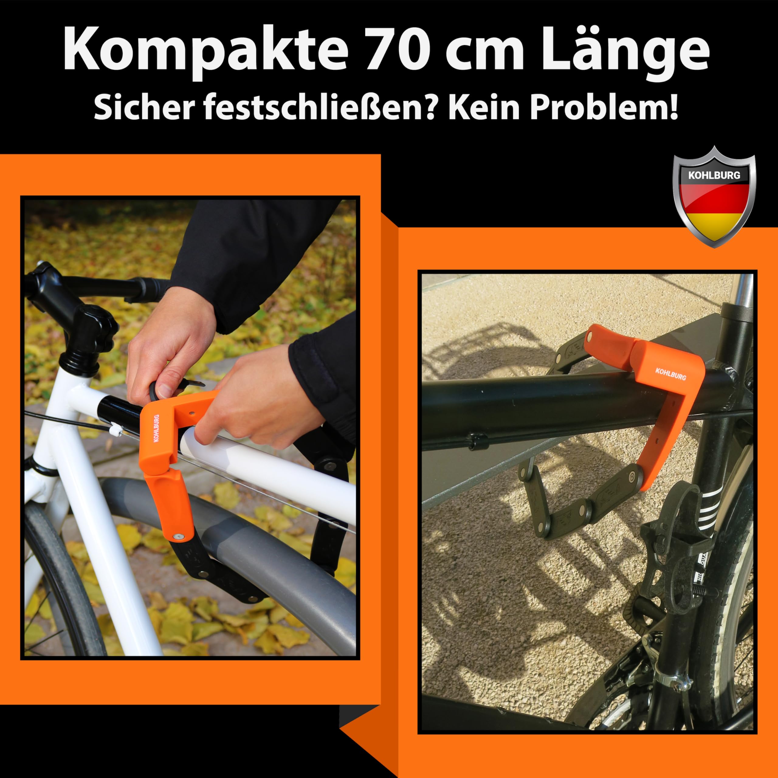 KOHLBURG leichtes & kleines Faltschloss - 680g leicht & 70cm lang - sicheres Fahrradschloss aus gehärtetem Stahl für E-Bike & Fahrrad mit Halterung