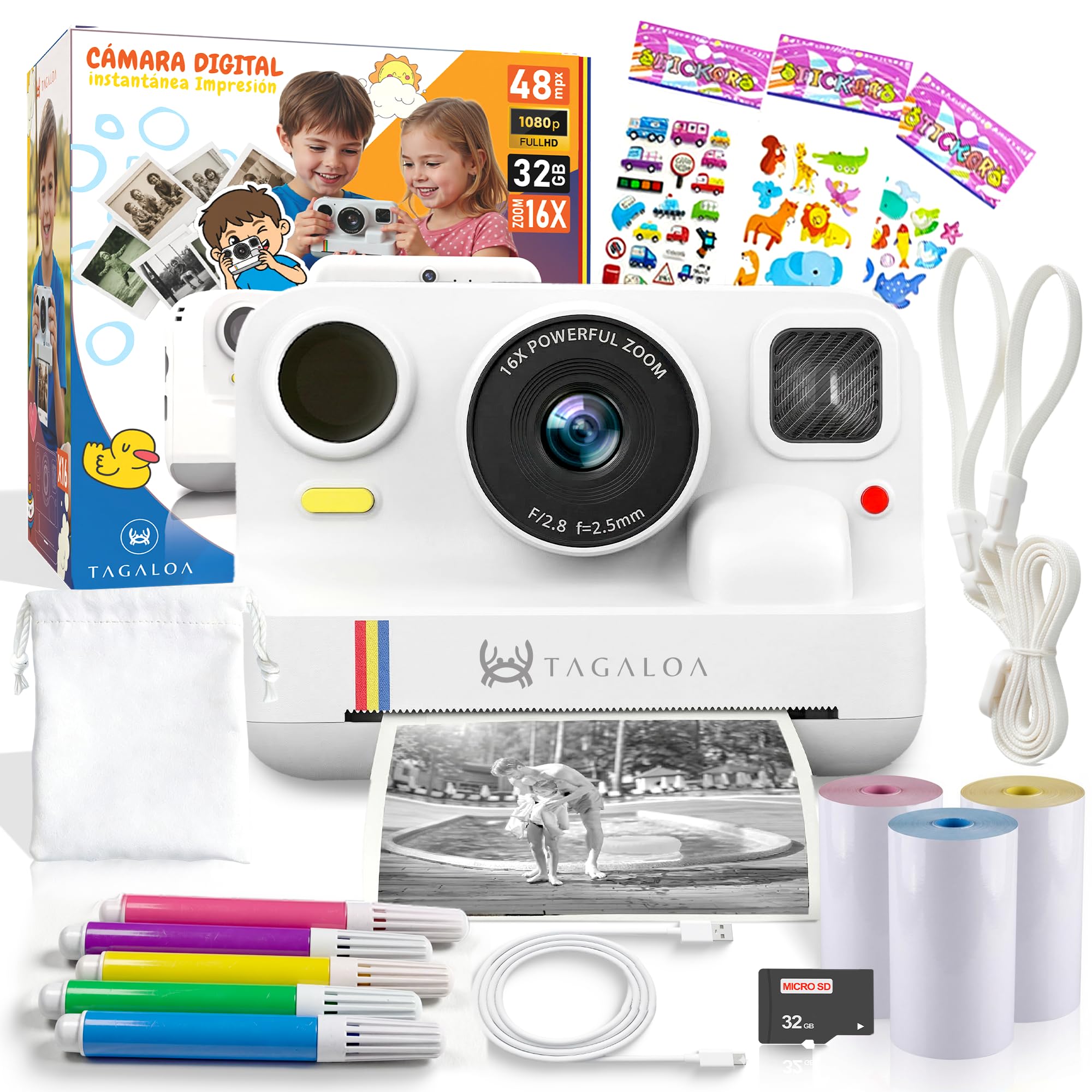 | TAGALOA® | Camara Fotos Infantil Instantaneas | 48MP con Impresión Térmica, Pantalla 2,4", Vídeo 1080P, Tarjeta SD 32GB y 3 Rollos Papel – Cámara Digital para Niños y Niñas de 3 a 12 Años (Blanco)