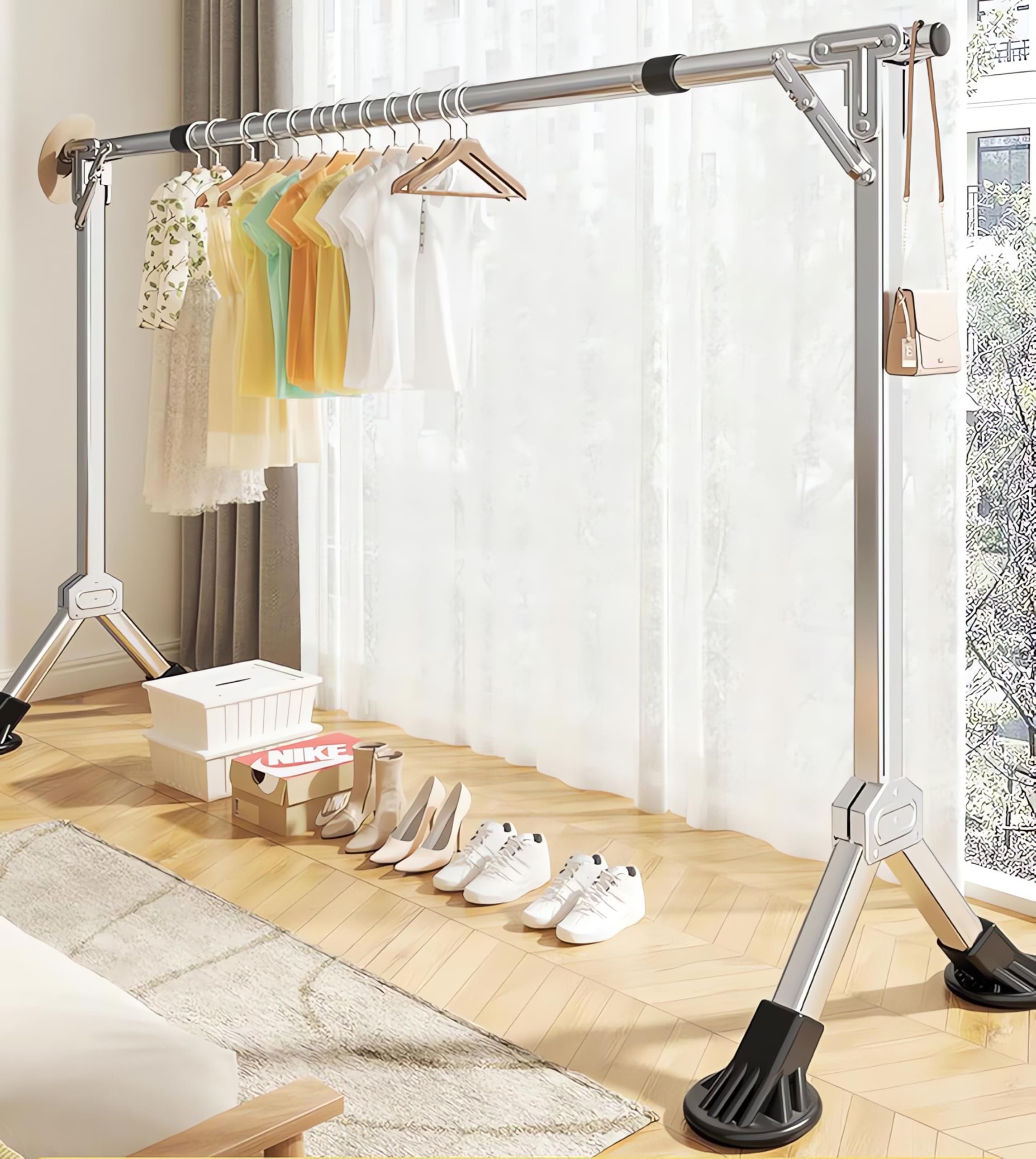 Etendoir Linge de Balcon Extensible, Support à Linge Pliable en Acier Inoxydable, Étendoir à Vêtements Réglable avec 20 Crochets Antivents - pour Séchage Intérieur/Extérieur (H 152cm L 240cm)