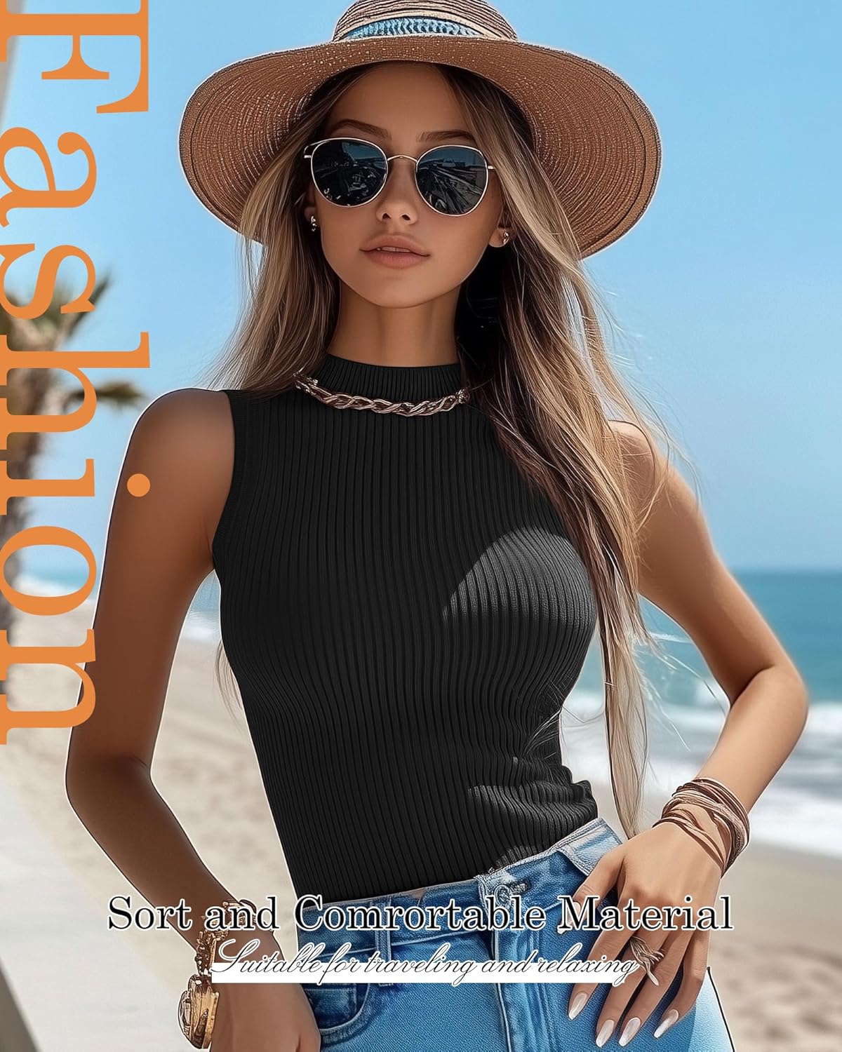 3 Pack Women's Sleeveless Mock Turtlenecks Shirts, Ribbed Stretch Slim Fitted Tank Top Basic Lightweight Bustier Tee - Image 6