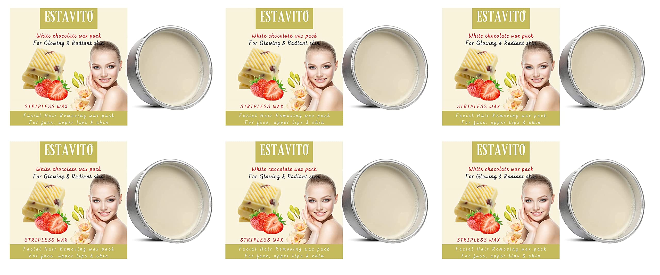 ESTAVITO White Chocolate Wax Pack 80 gms | PACK OF 6 | KATORI WAX | FACIAL HAIR REMOVING WAX PACK | For Face,upper lips and chin |