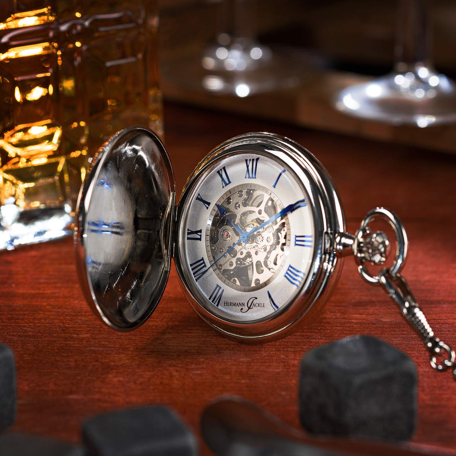 Hermann Jäckle Herren Taschenuhr Ettlingen Skelett 50 mm | Skelett-Design, Handaufzugswerk, Double Hunter Gehäuse, römische Ziffern, inklusive Kette und Reiseetui