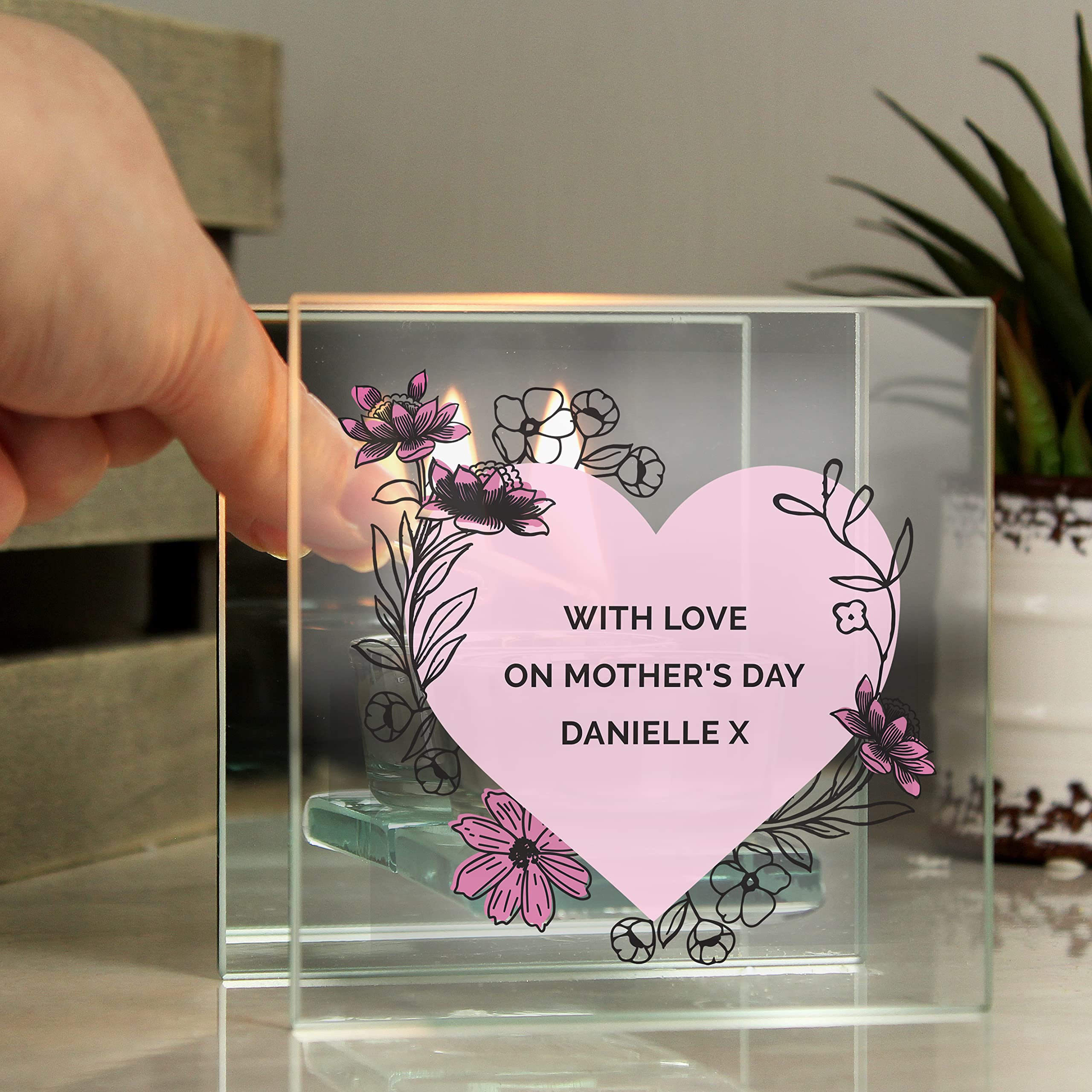 Personalised Memento Clear Custom Personalised Floral Pink Heart Mirrored Glass Tea Light/Tealight Holder Size 3