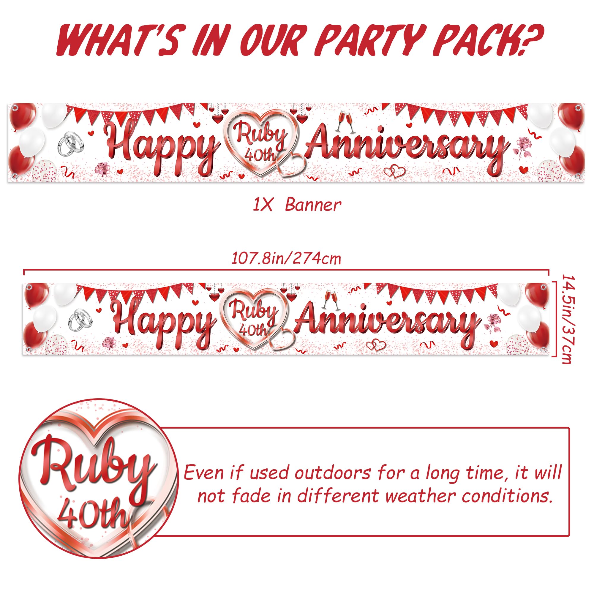40th Wedding Anniversary Decorations Banner, Happy Ruby 40th Anniversary Yard Banners - Image 3