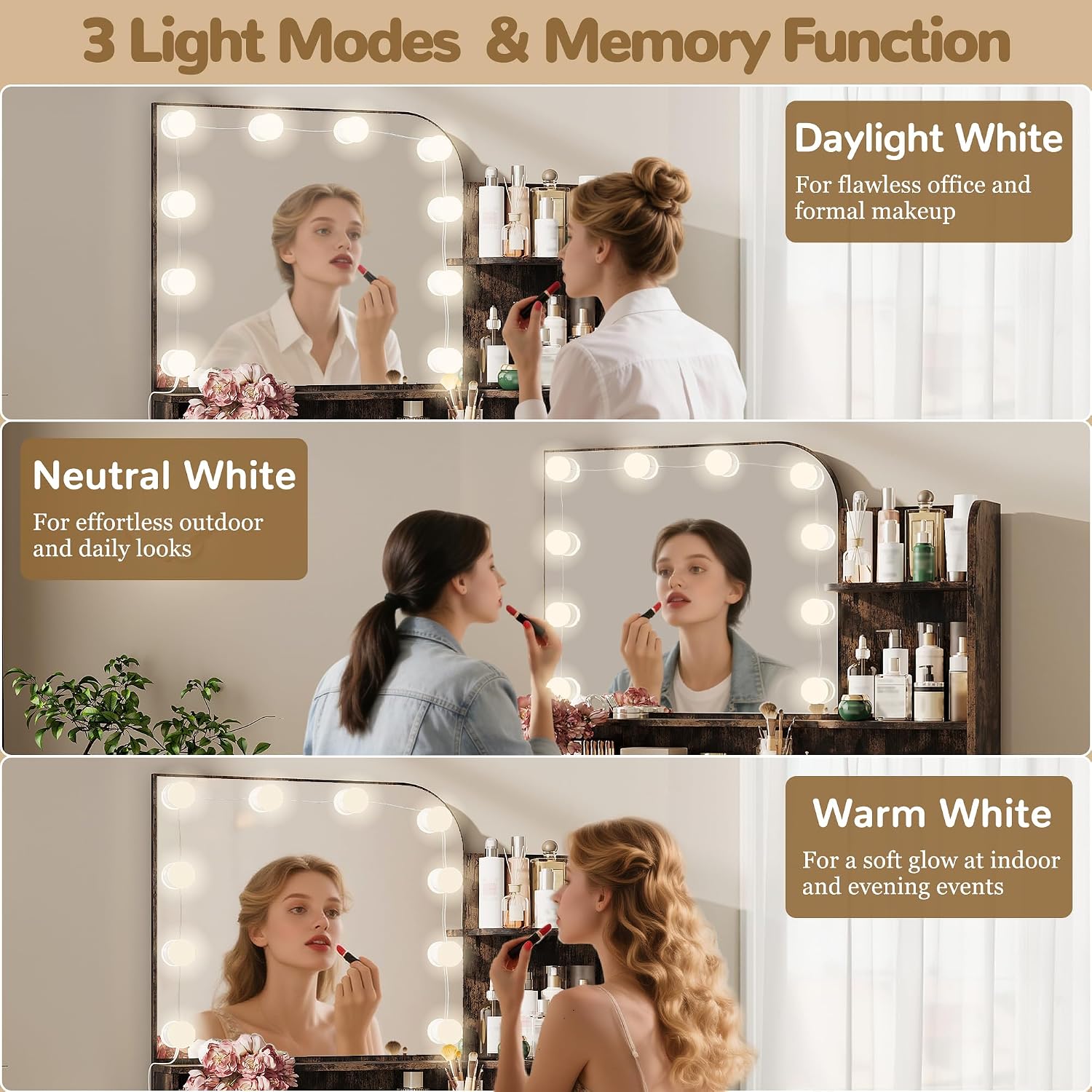 wanan Makeup Vanity Desk with Mirror and Lights, 32" W x 14" D x 52" H, Girls Vanity Set with 5 Storage Shelves, Big Drawer and 3 Lighting Colors, Women’s Vanity for Bedroom, Vintage Brown