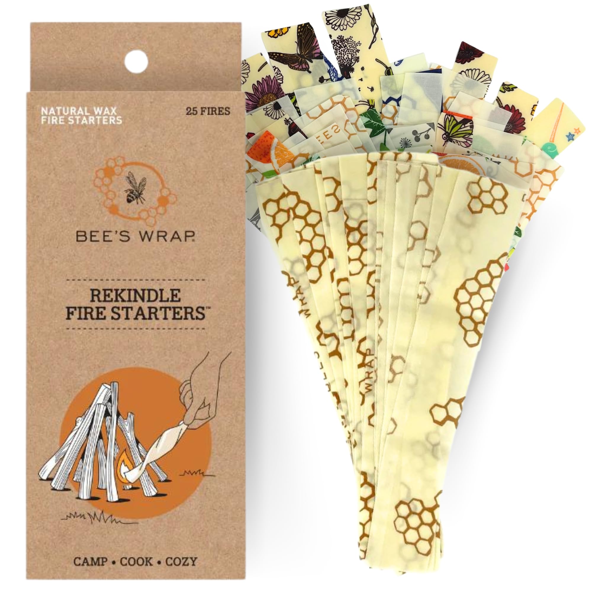 Bee's Wrap ReKindle Natural Fire Starters - Made in USA Fire Starter from Organic Beeswax Wraps for Food - Safe for Indoor/Outdoor Use, Camping Supplies - Natural Firestarter Starts 25 Fires