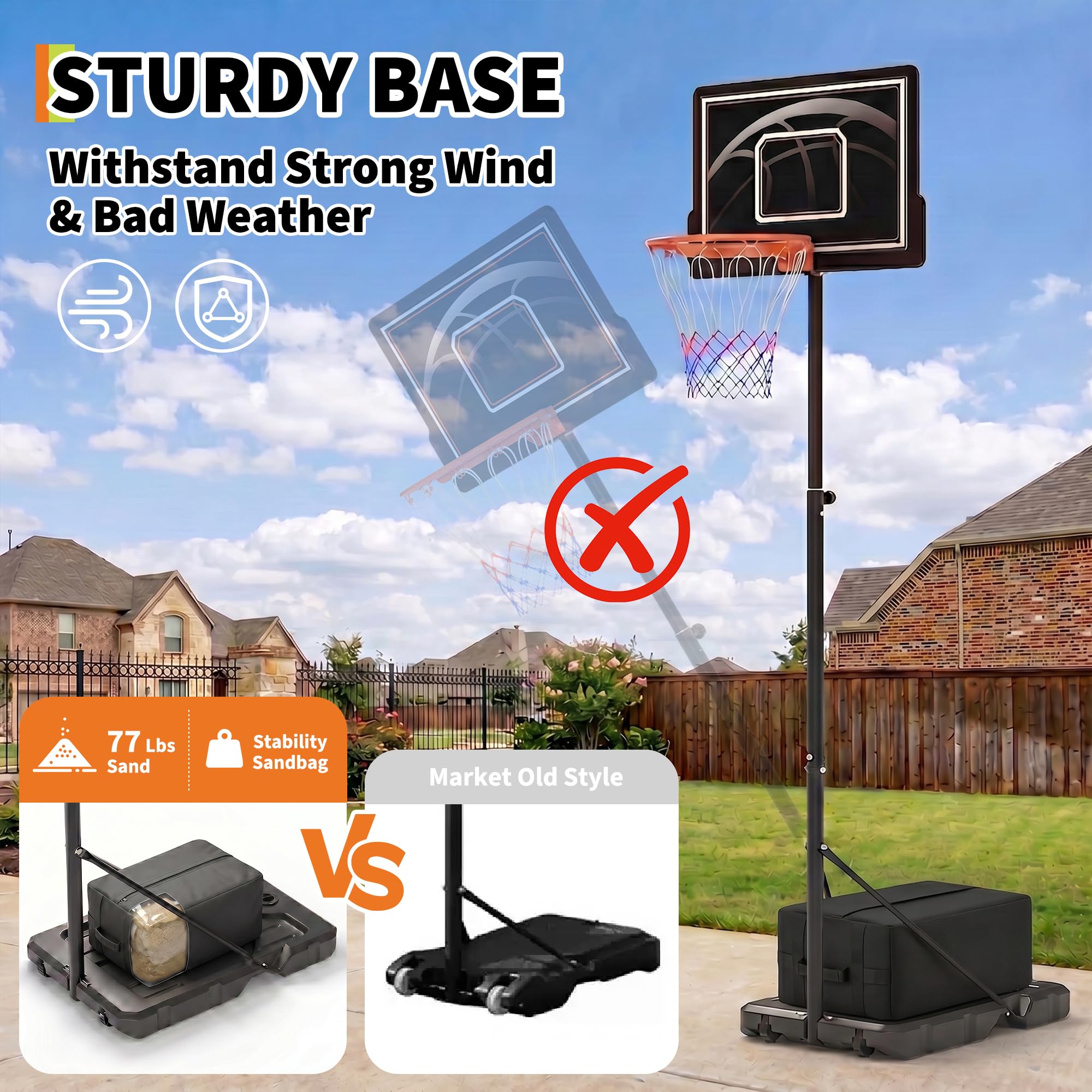 Basketballkorb Outdoor Höhenverstellbar Mit Ständer & Rollen, Höhe, Transparenter PC-Rückwand, Stabiler Basketballständer Mobil Für Jugendliche & Erwachsene