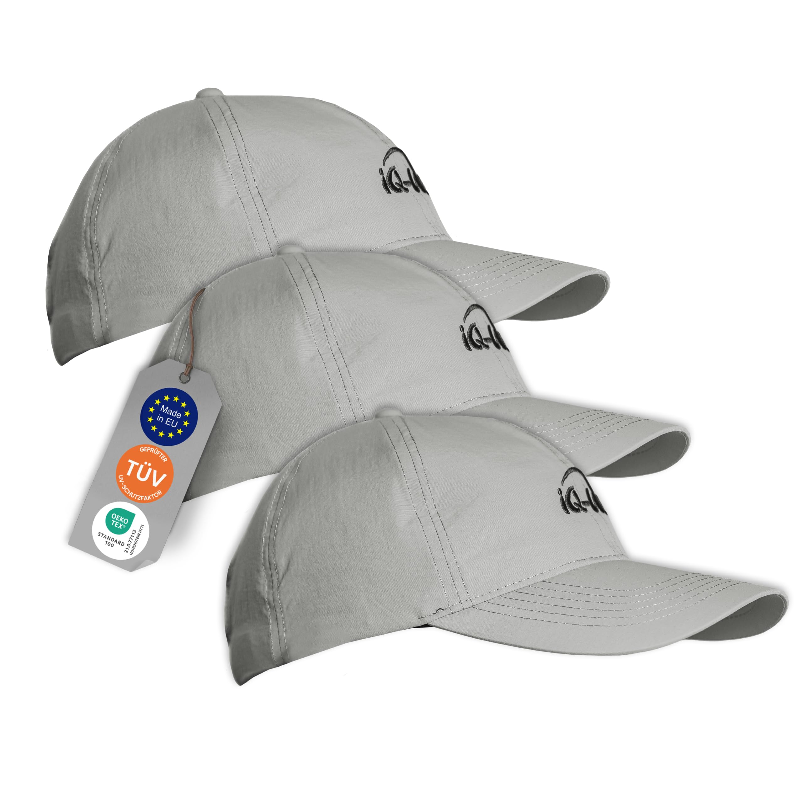 iQ-UV Laufkappe Unisex Grau Einheitsgröße 3er Pack - Sonnenkappe Outdoor | Running Cap für Herren und Damen - bequeme Mütze für den Sommer - Sonnenkappe für Männer und Frauen im Freien
