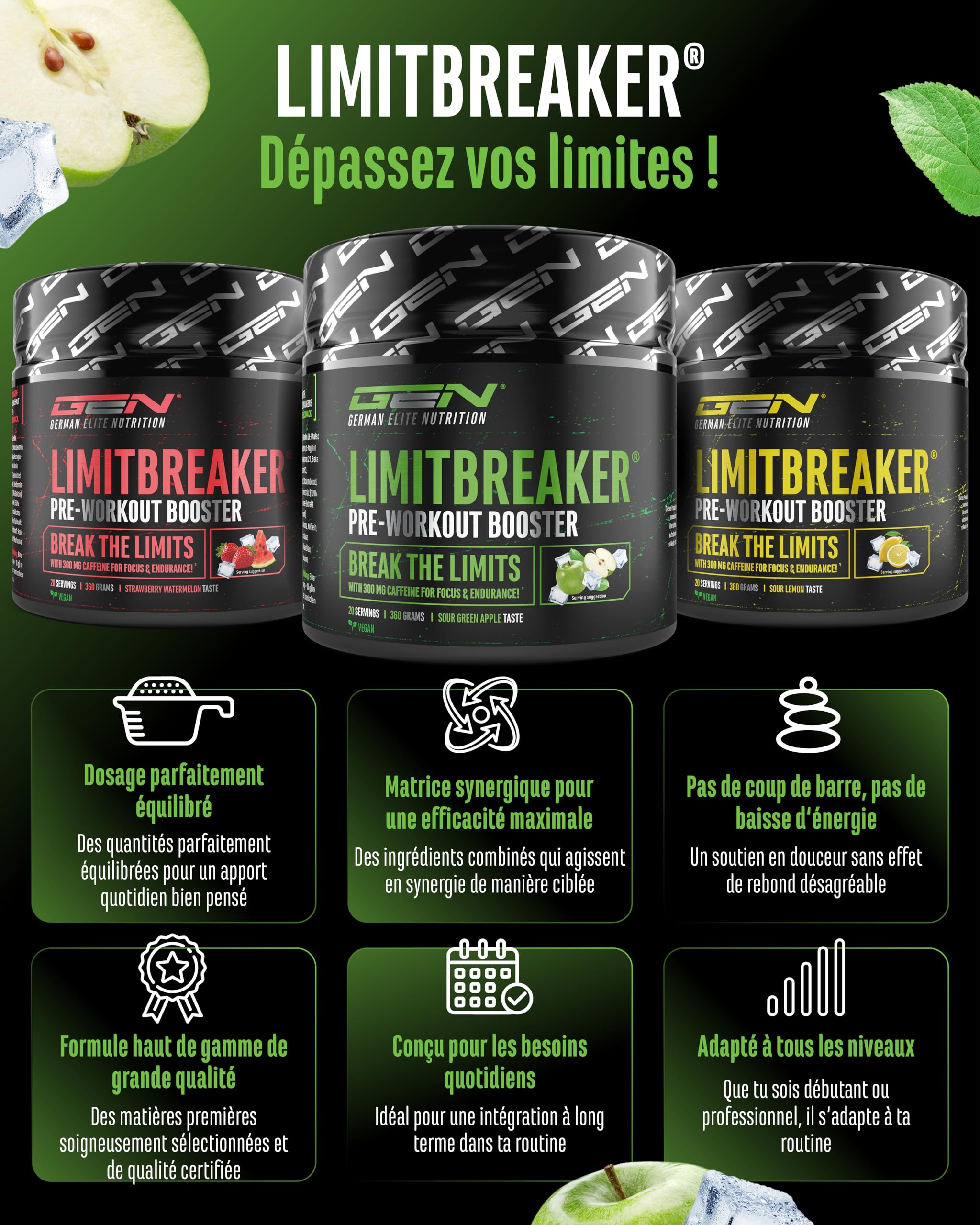 LIMITBREAKER® Pre Workout Booster avec Caféine 300 mg - Goût Pomme Verte Acide - avec L Citrulline, AAKG, Bêta Alanine & L Théanine - Haut Dosage - 360 g Poudre 20 Portions - Végan