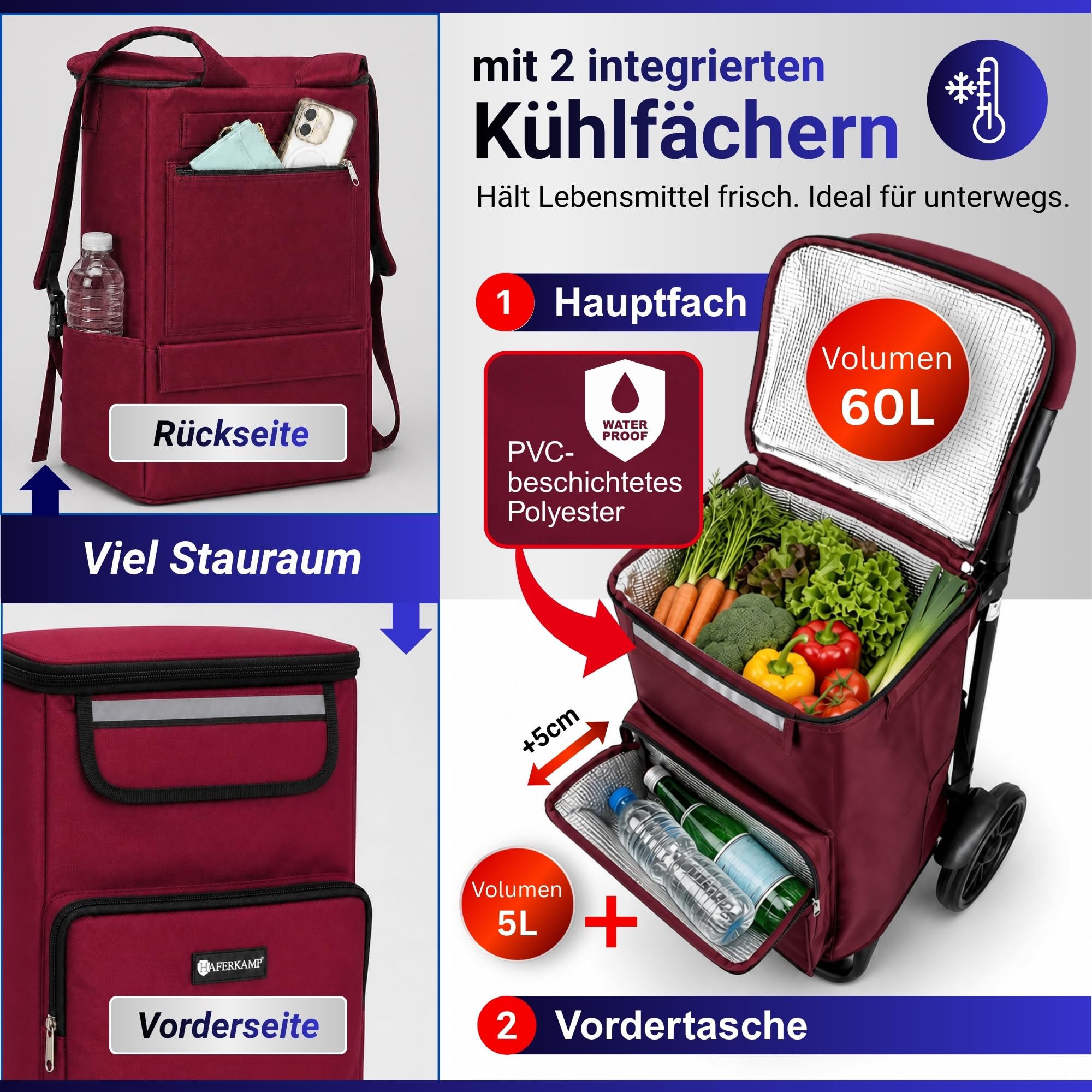 Klappbarer Einkaufstrolley TRAGINO 3-in1 Einkaufswagen, Bordeaux Rot | mit Kühl- und Getränkefach, groß, modern & abnehmbare Tasche, höhenverstellbar, mit Reflekotren, Volumen: 60 Liter
