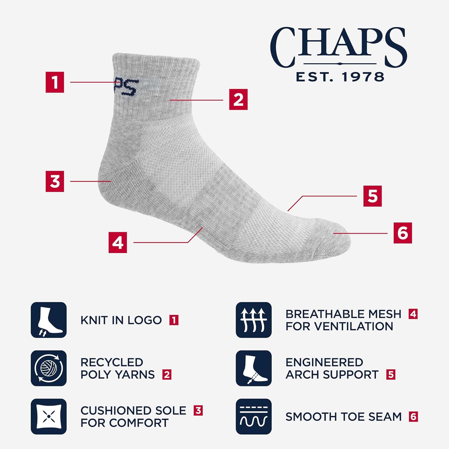Chaps Men's Sport Cushioned Athletic Socks (6-Pack) - Image 6