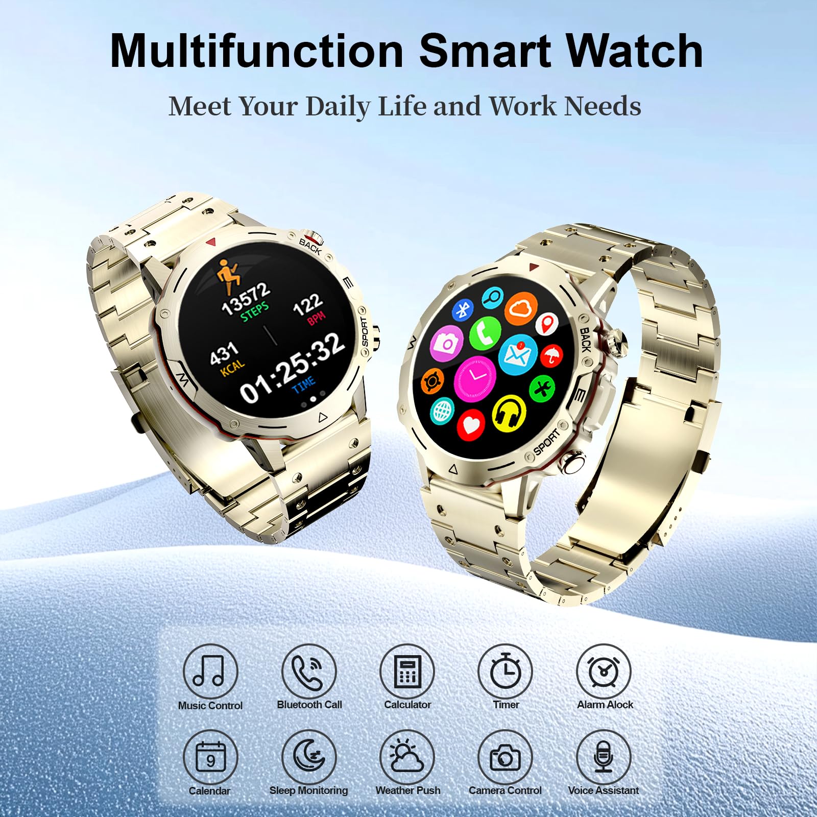Montre Connectée Homme Smartwatch avec 2 Bracelets, 100+ Modes Sportifs, Cardiaque 24/7, Surveillance du Sommeil, Compatible Android/iOS, Doré