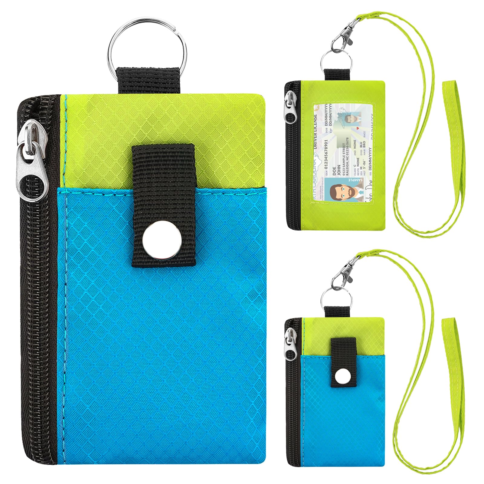 FORYEE Minimalist RFID Blocking Wallet with 2 Zip Pockets and Lanyard, Water Resistant ID Case with Key Ring and Cards Badge Holder, Coin Purse Pouch