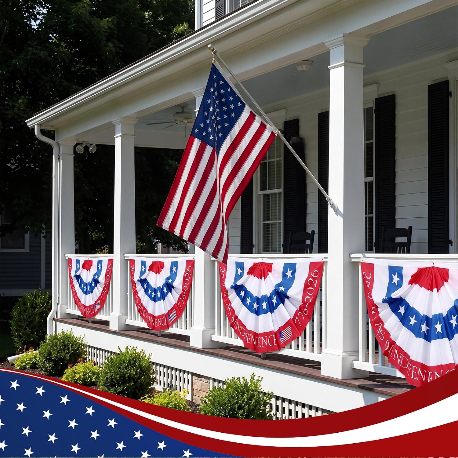 Remagr 6 Pcs Large 3x6 Ft 250th Anniversary Bunting Flag, 4th of July Decorations Patriotic Pleated Fan Flags Red White Blue Half Fan Banner Flags for Independence Day Outdoor Porch Door Yard Decor