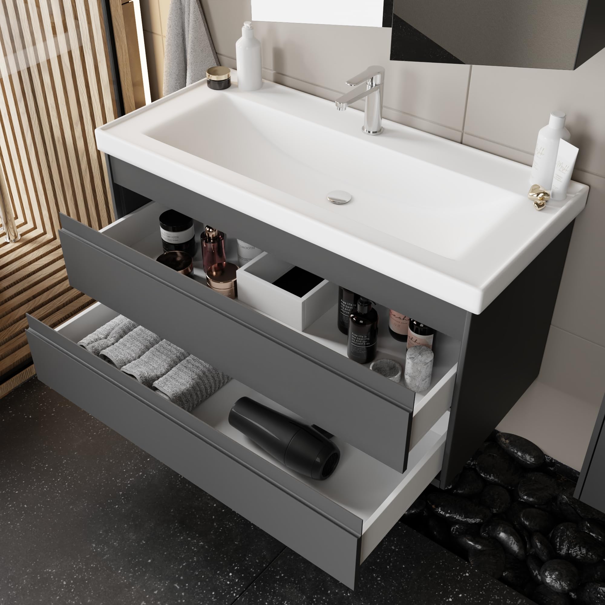 Badezimmermöbel Set Lara 100 Anthrazit | Keramikwaschbecken | Unterschrank | Spiegelschrank | Softclose-Schubladen & -Türen & unsichtbare Griffe | Moderner Stil | Badmöbel Waschtisch