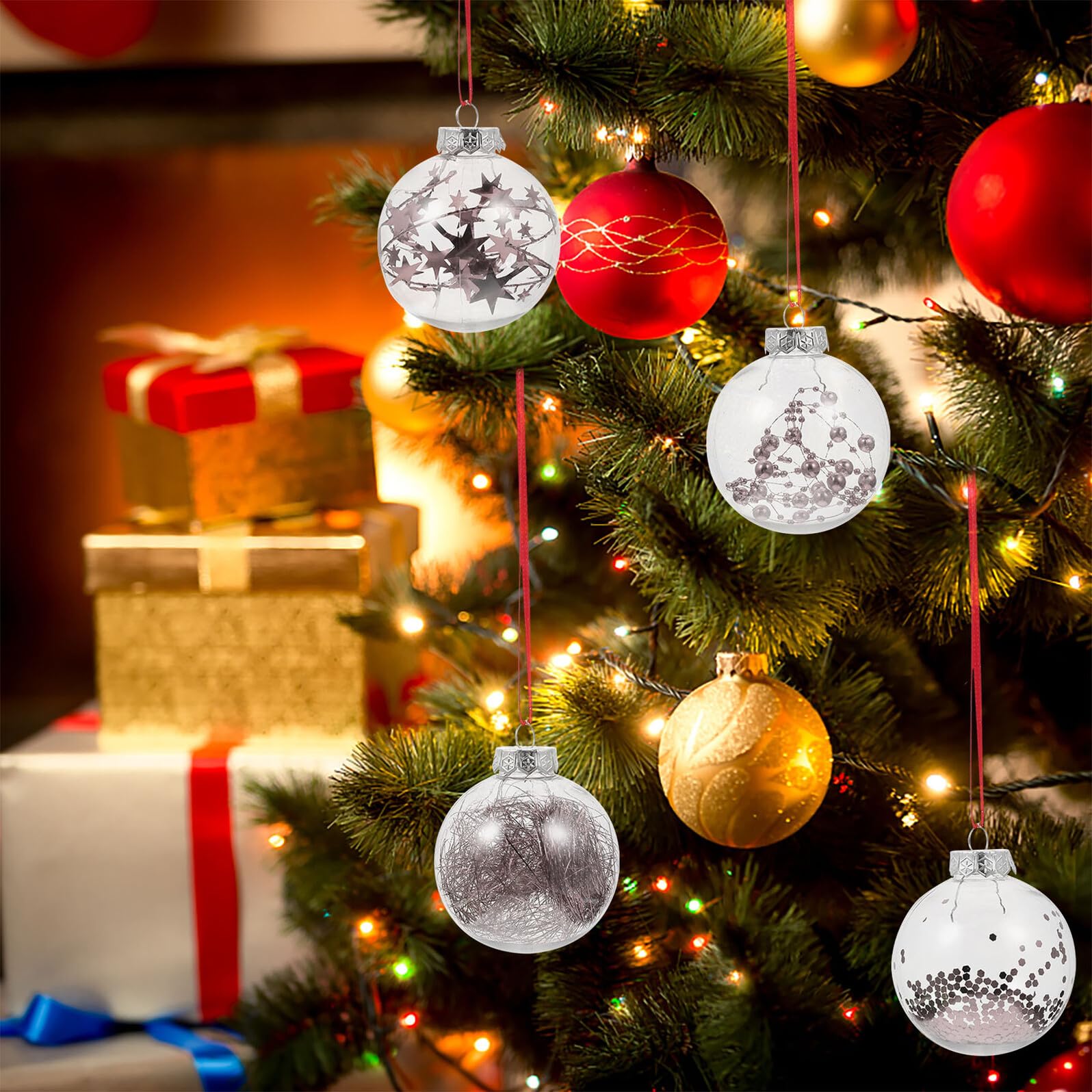 Weihnachtskugeln aus Pet mit Silbernem Stern Dekorative Christbaumkugeln zum Aufhängen für Weihnachtsbäume und Festliche Partydekorationen in 1 Kasten Zufälliger Stil